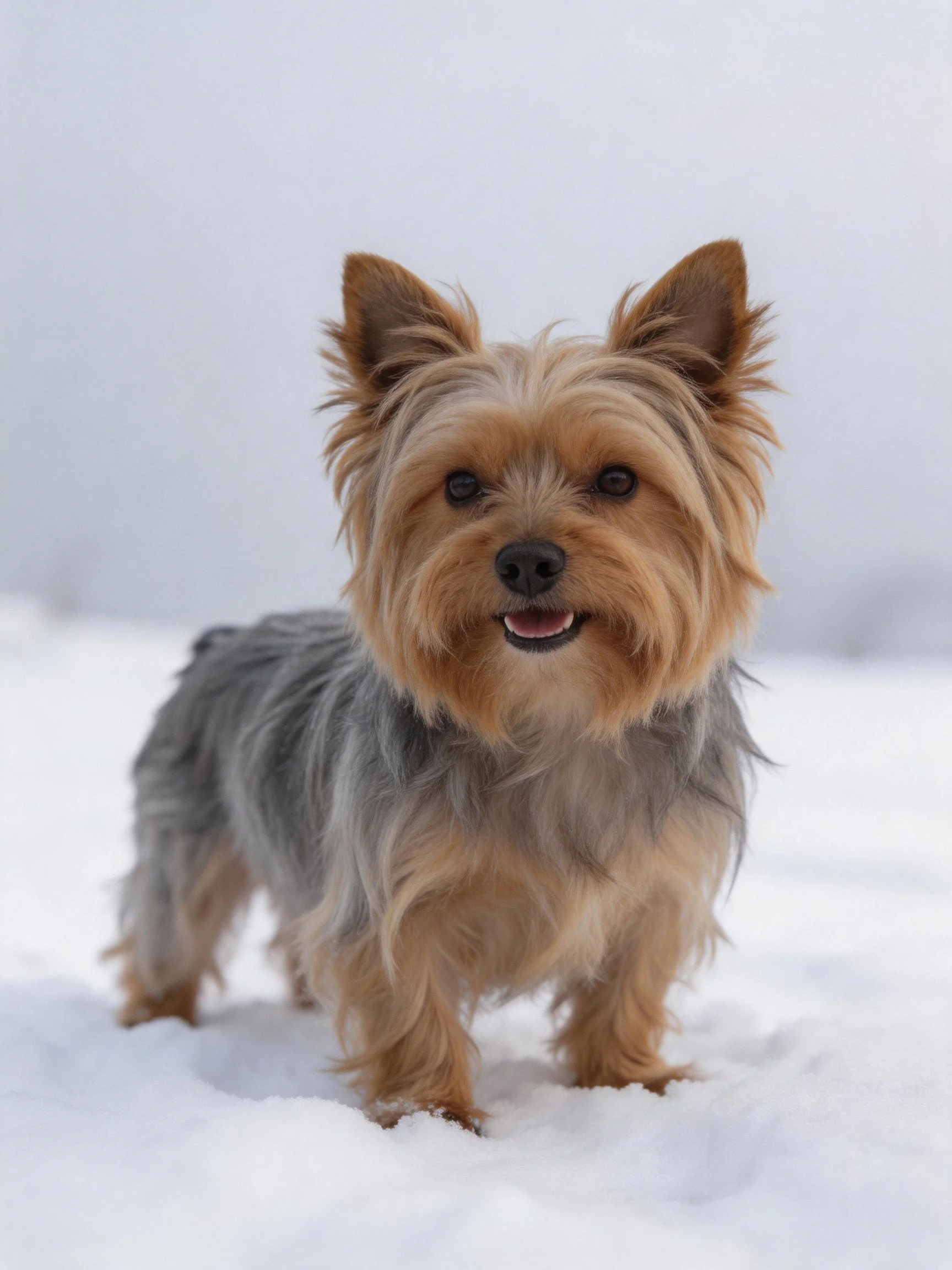 A small dog with mixed tan and gray fur stands on snow.