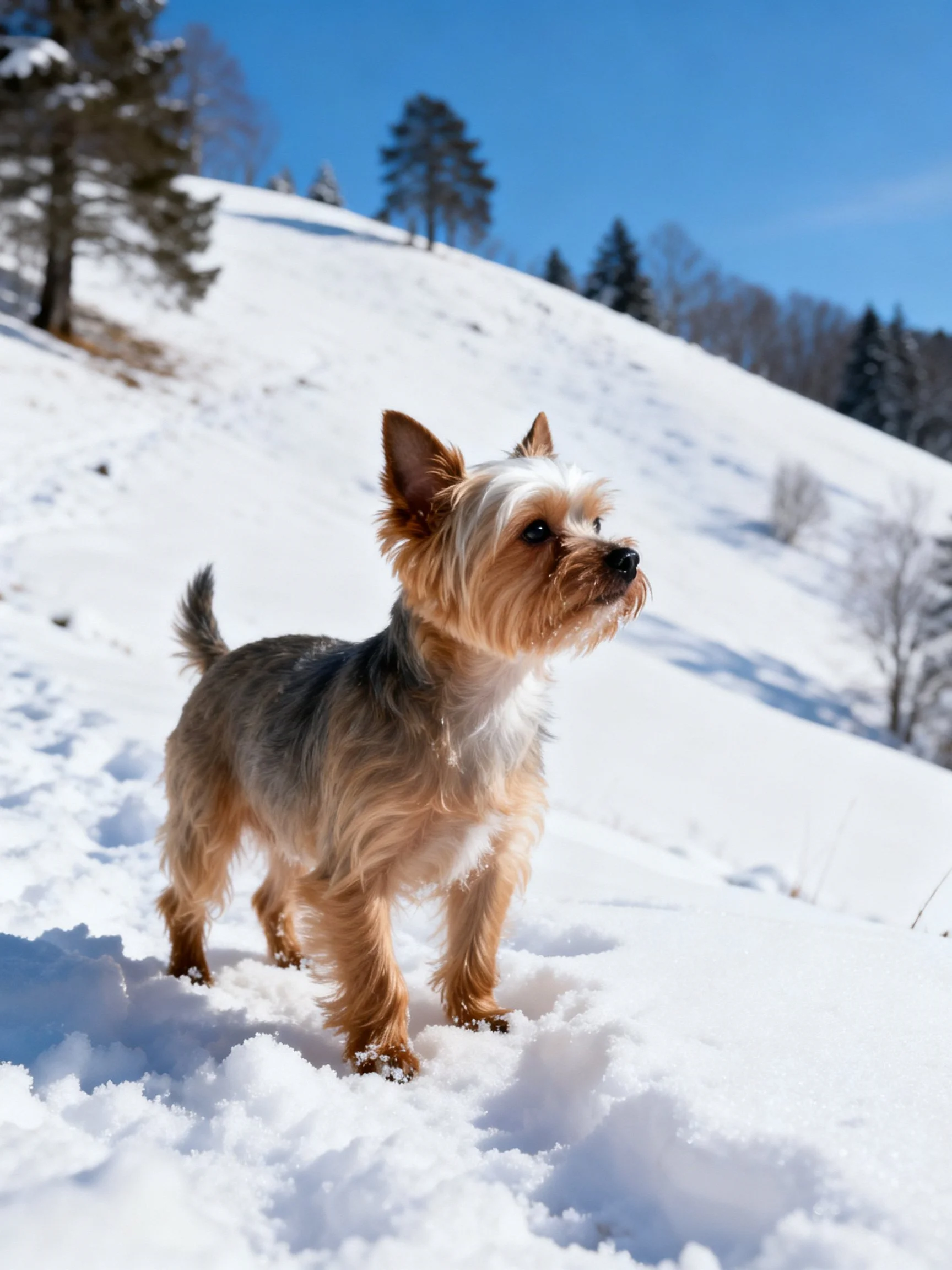 A small dog stands on a snowy hillside in a bright winter landscape