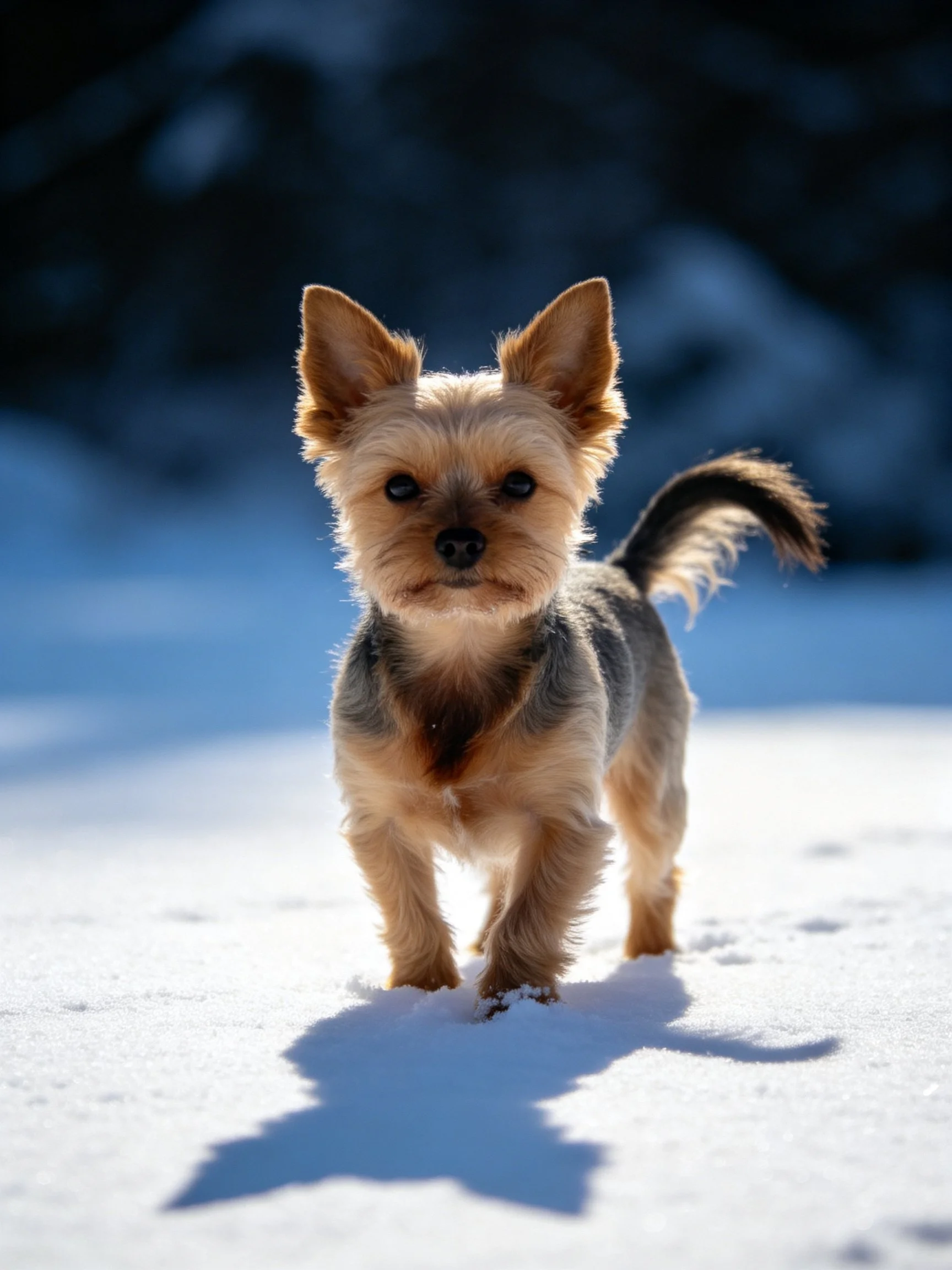 A small dog walks on bright snow with a dark background
