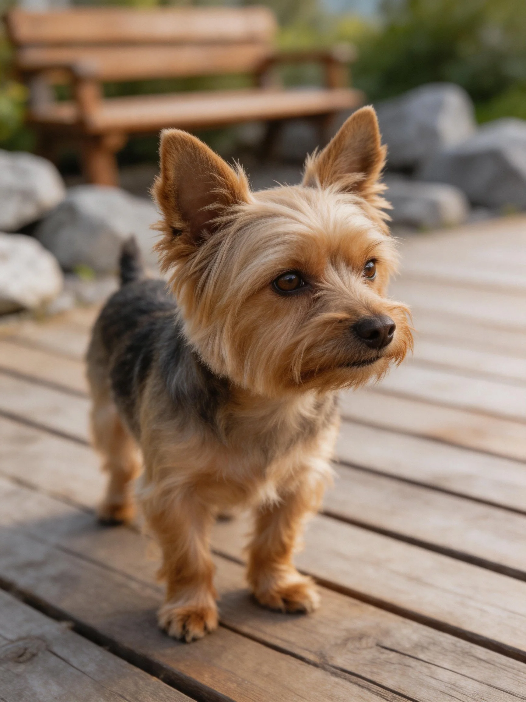 A small tan and gray terrier stands on wooden decking near rocks