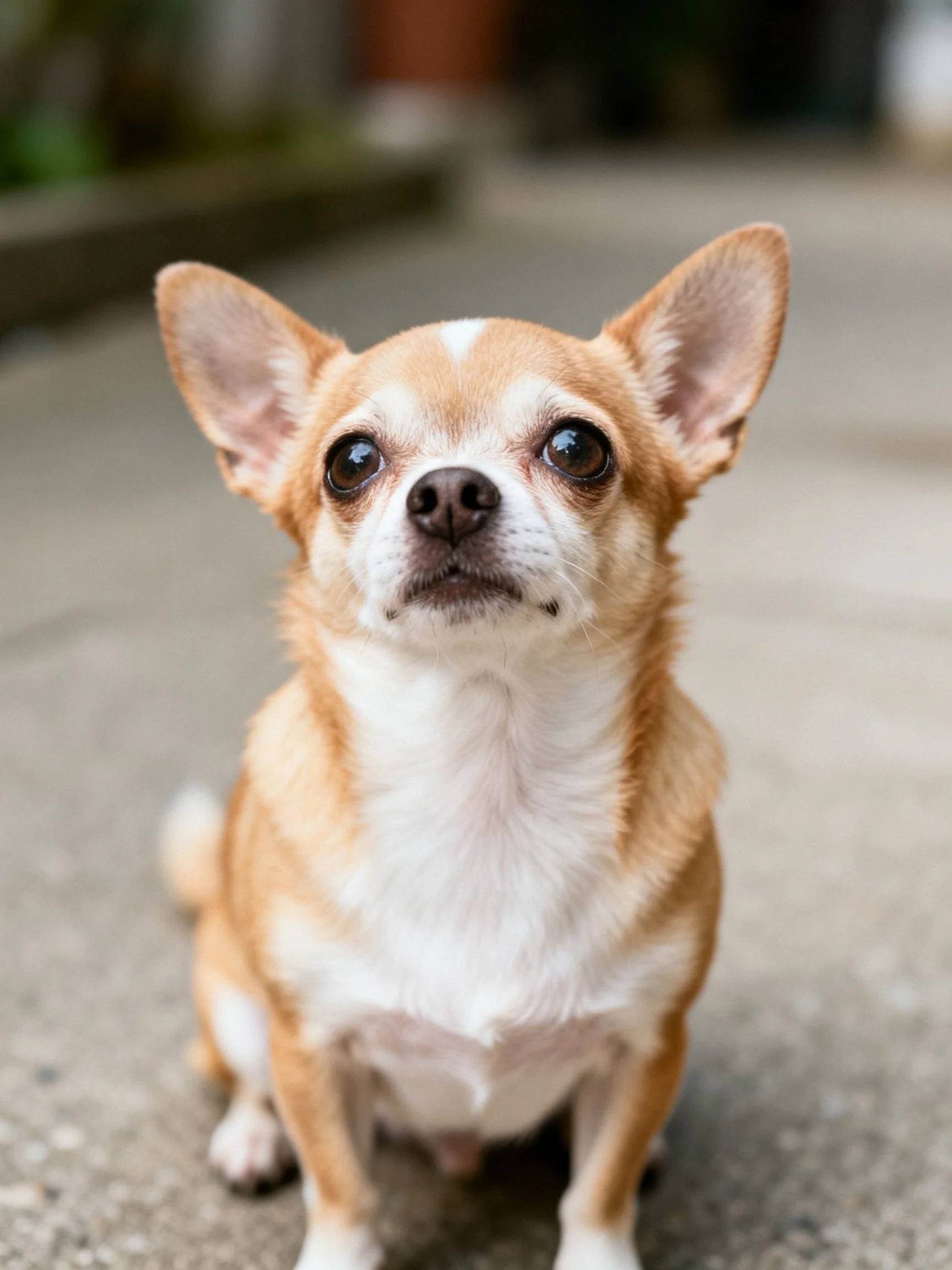 A small tan and white Chihuahua sits attentively on a concrete surface.