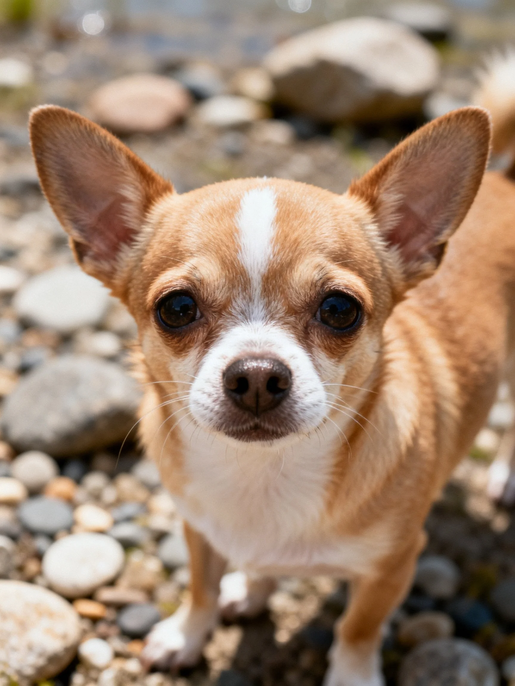 A small tan and white Chihuahua gazes upward toward the camera near smooth river rocks.