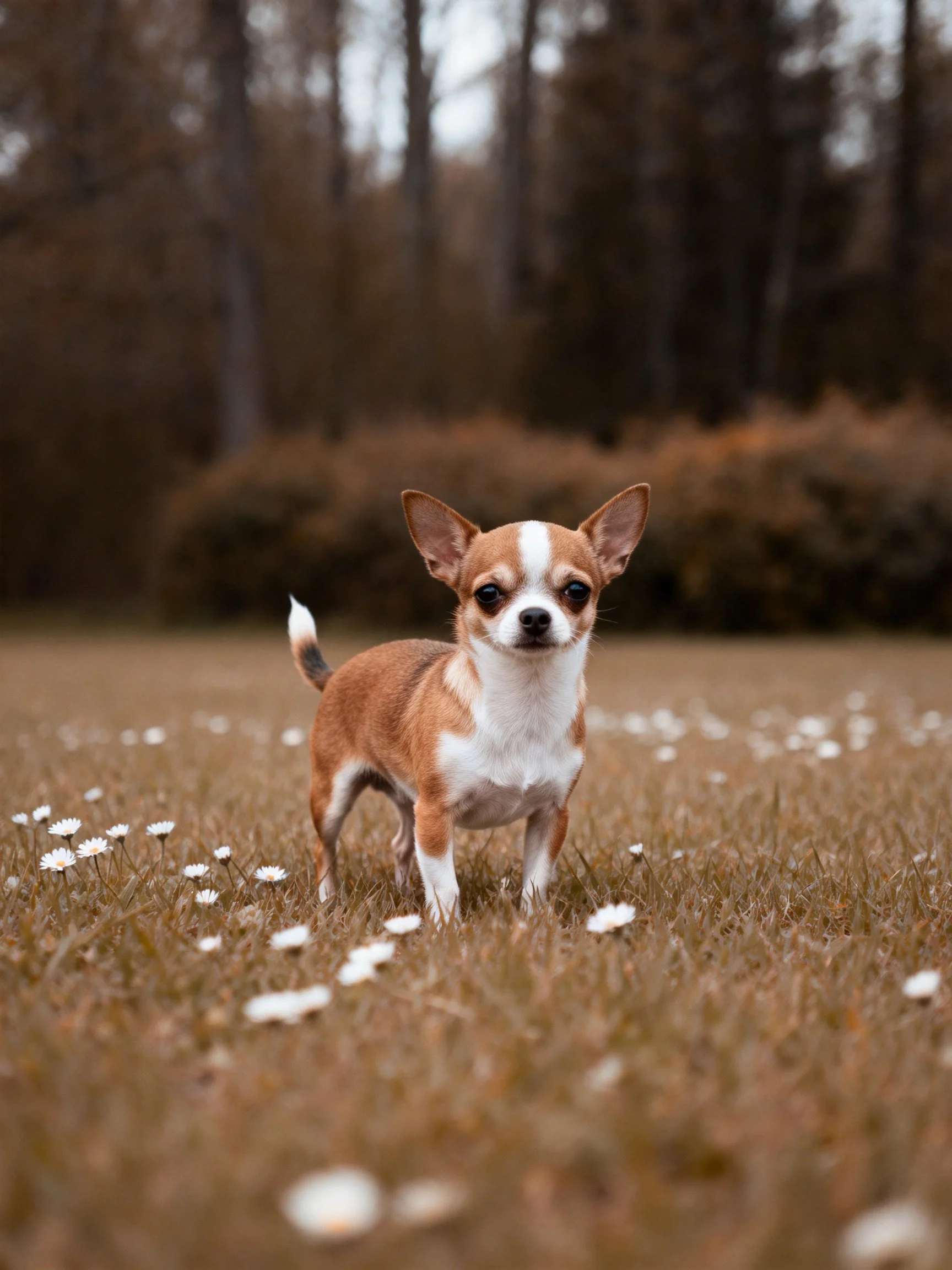 A small tan and white Chihuahua stands in a flowered grassy area near trees.