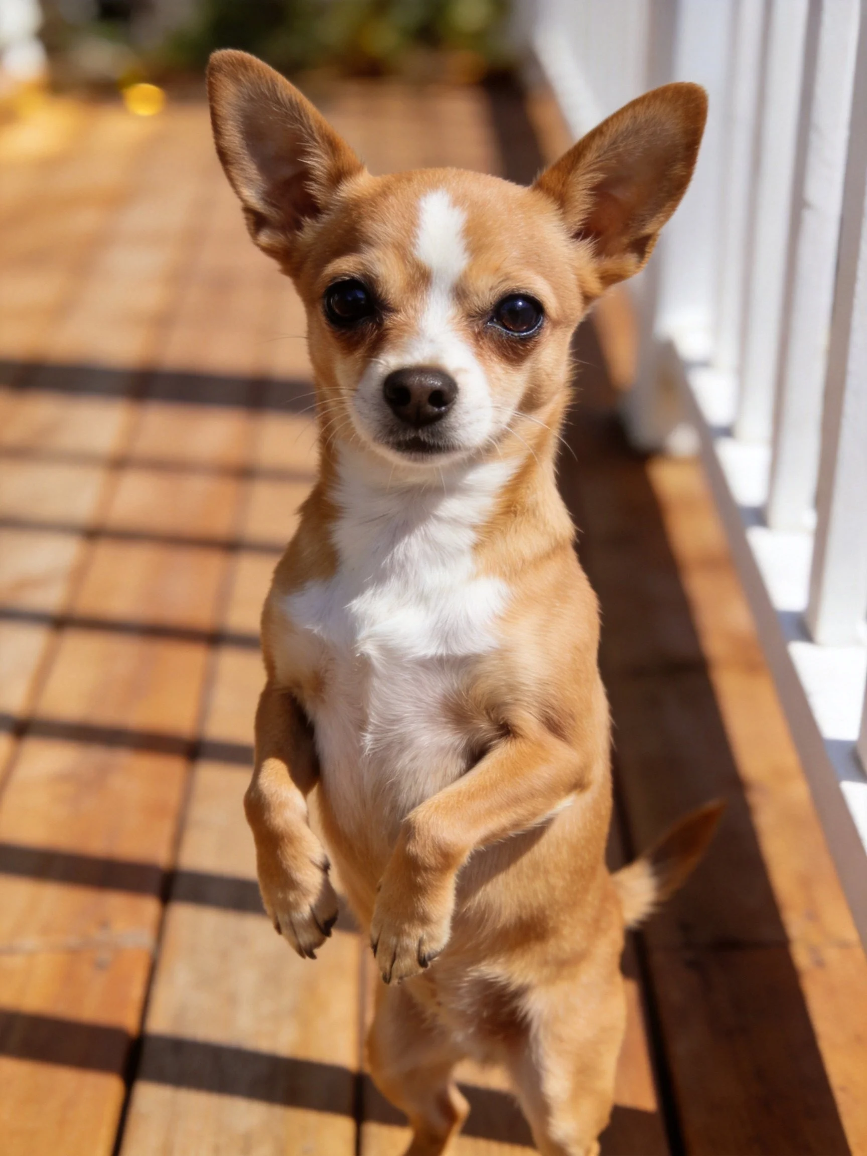A small tan and white Chihuahuastands on its hind legs on a wooden deck.