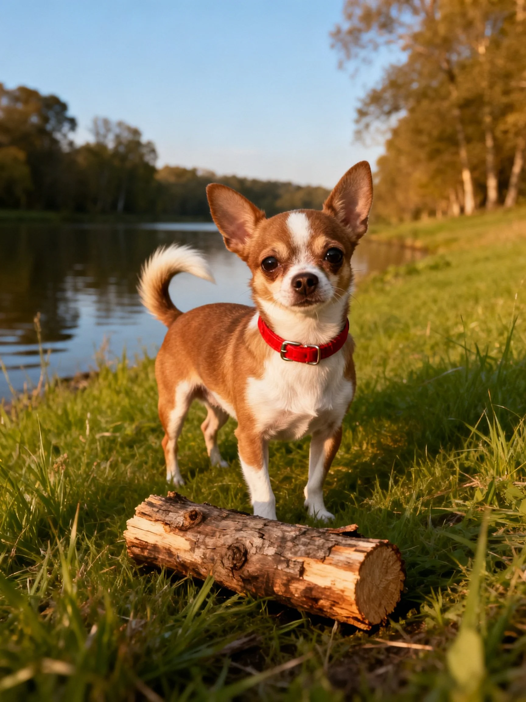 A small Chihuahua with a red collar stands near a log by a calm river.