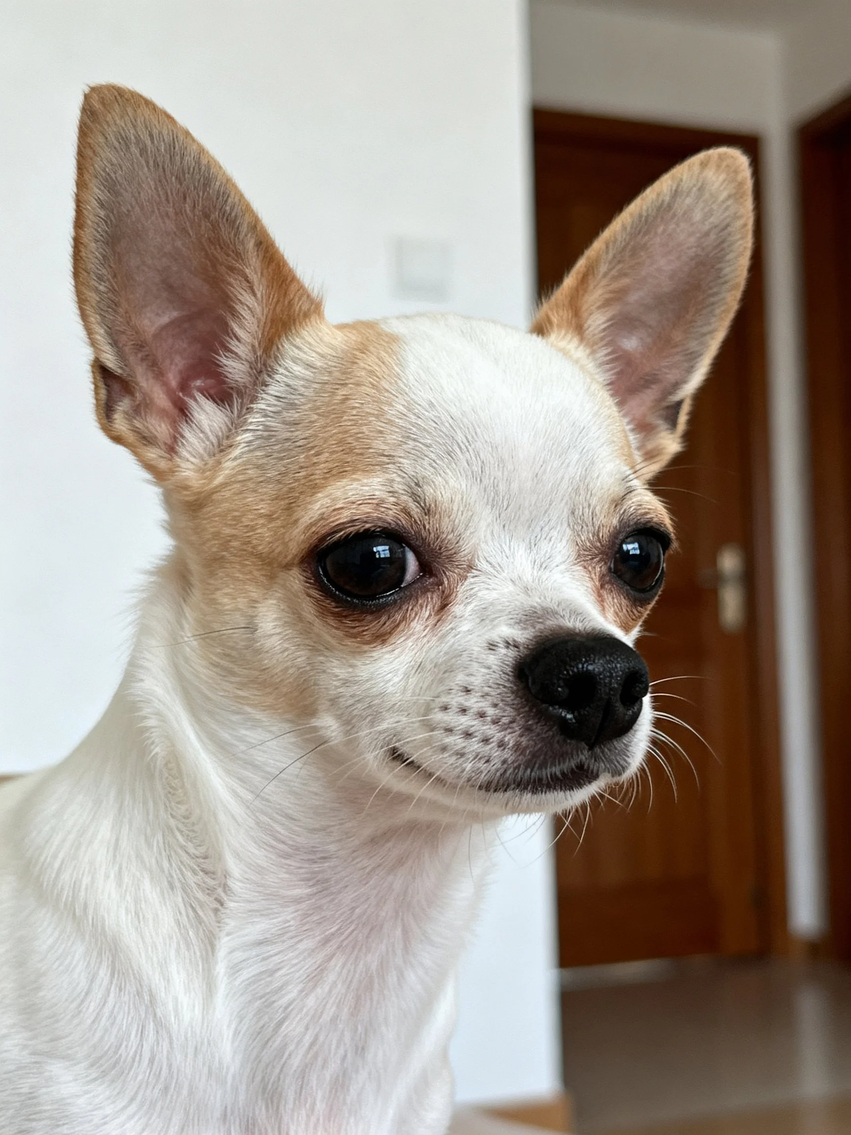 A small tan and white Chihuahua with upright ears is indoors.