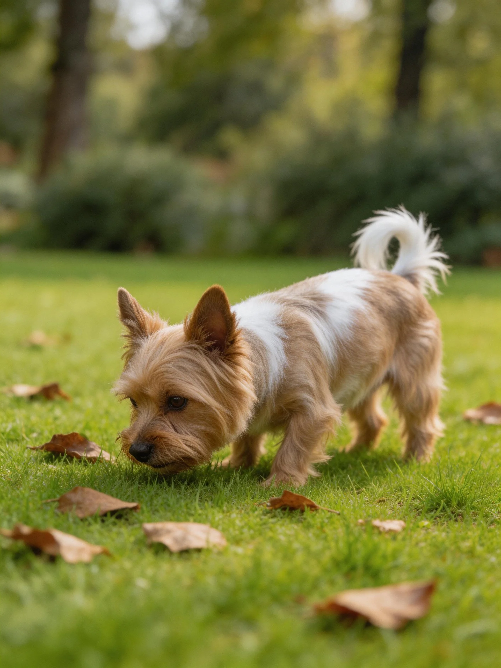 A small tan and white dog sniffs the grass amid scattered autumn leaves.