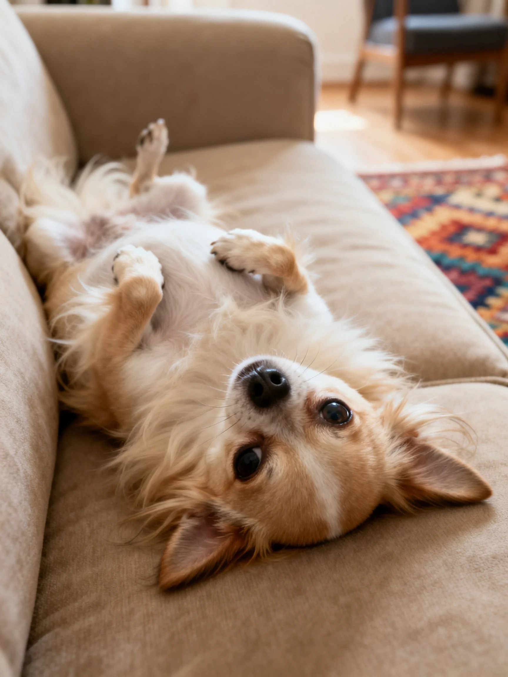 A small dog relaxes upside down on a beige sofa.