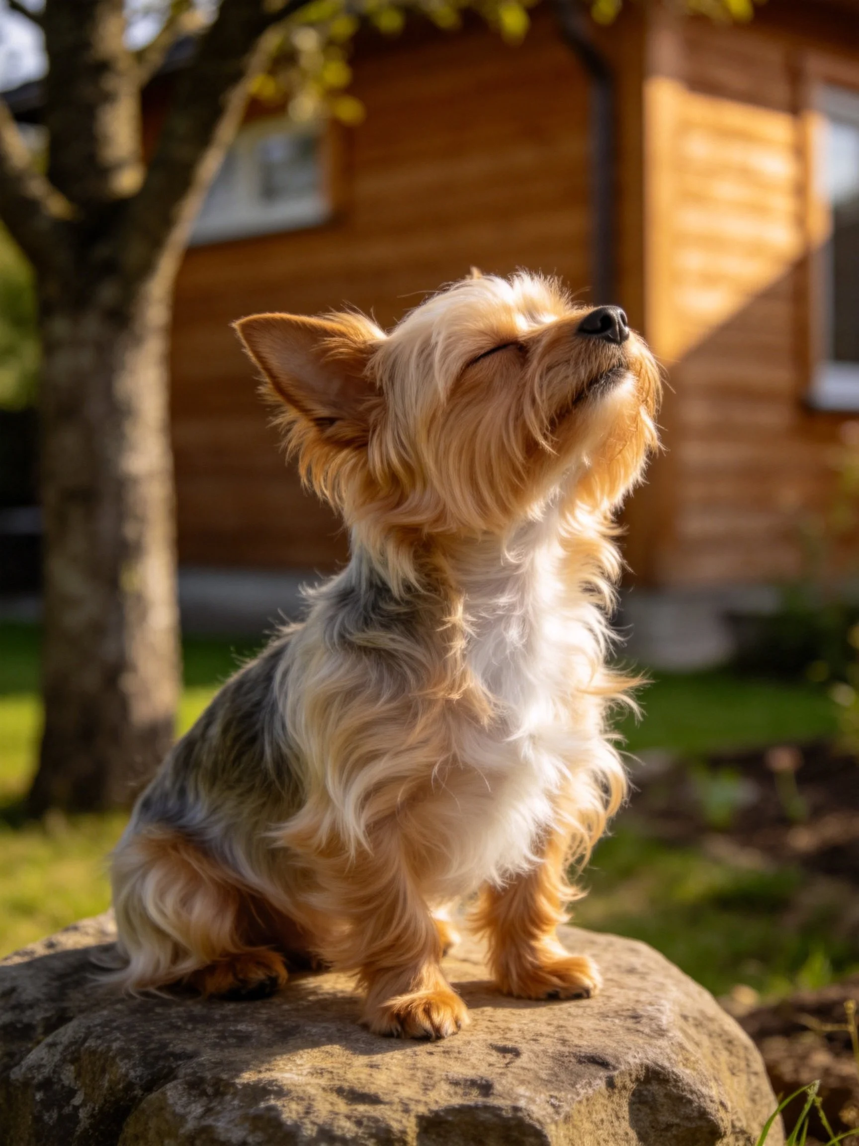 A small dog sits on a rock outside near a wooden cabin.