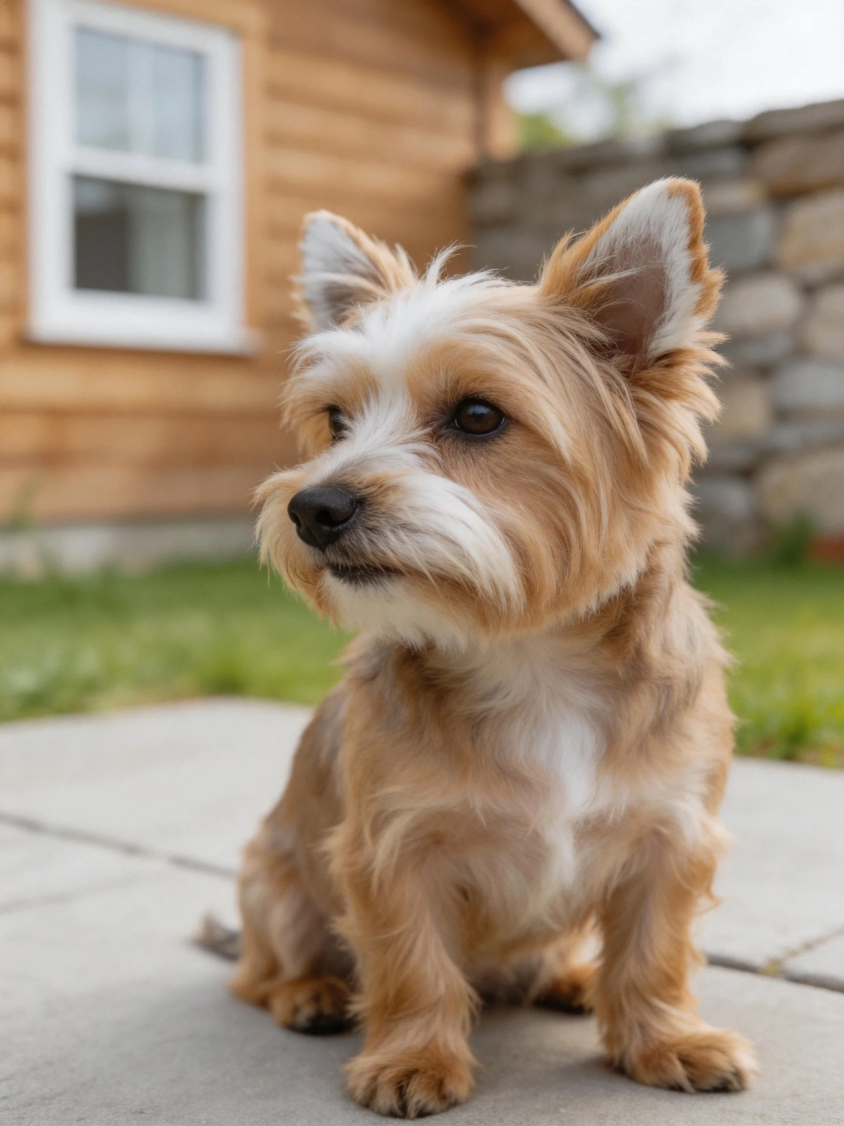 A small tan and white dog sits calmly on concrete near a wooden structure