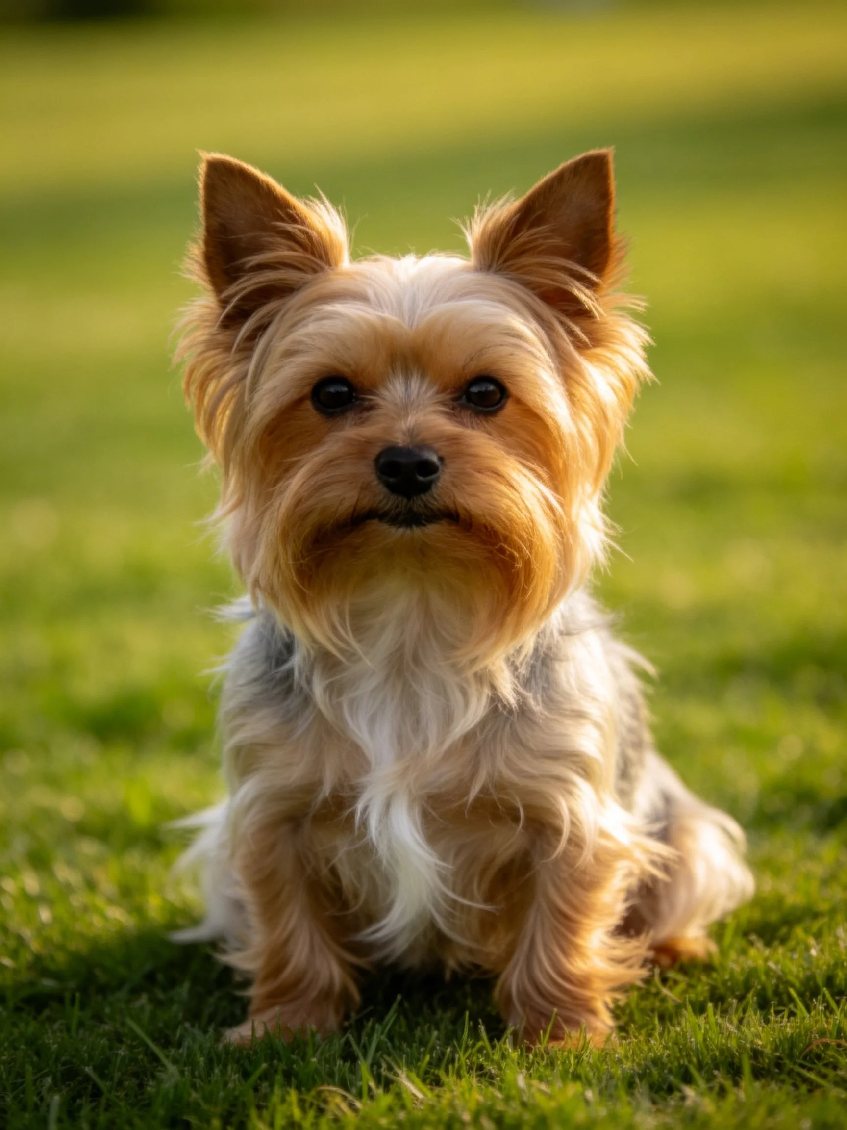 A small tan and white dog sits calmly on green grass.