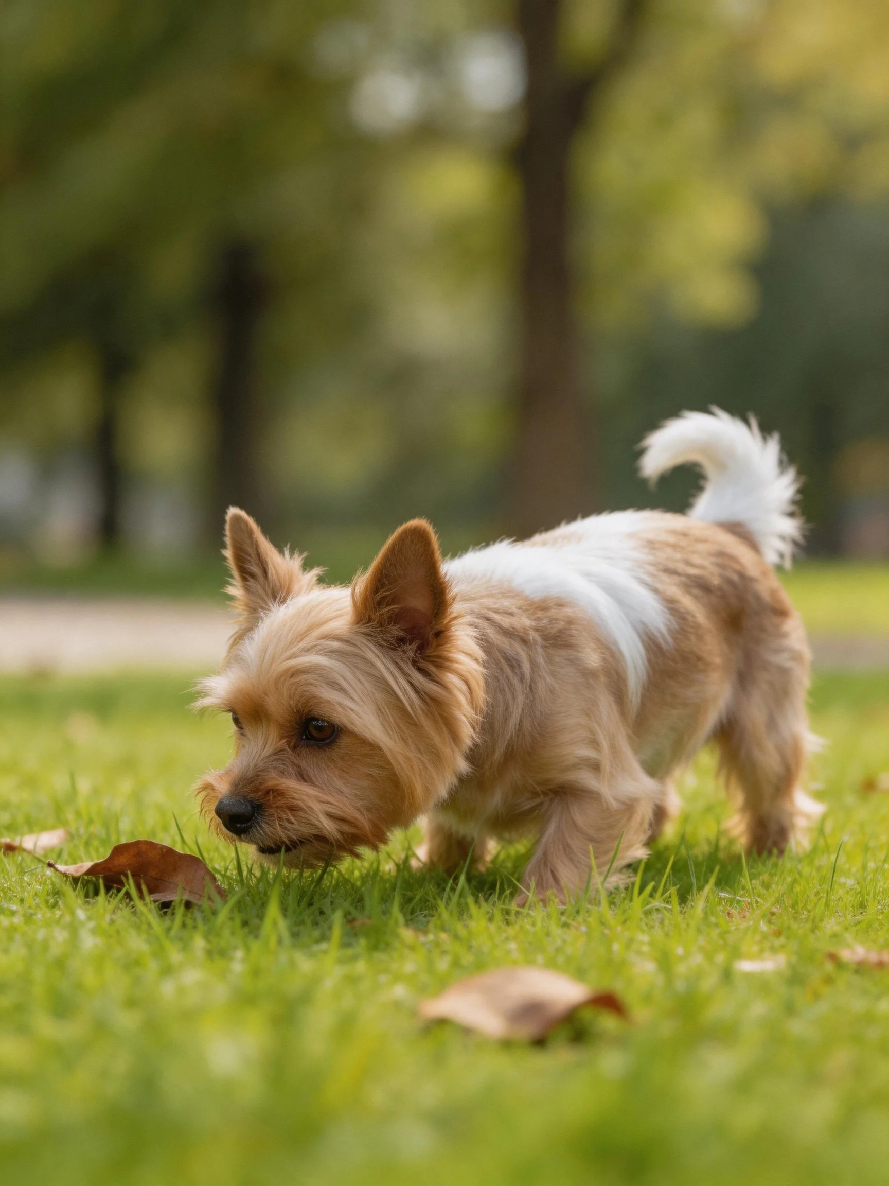 A small tan and white dog explores fallen leaves in a grassy outdoor area.