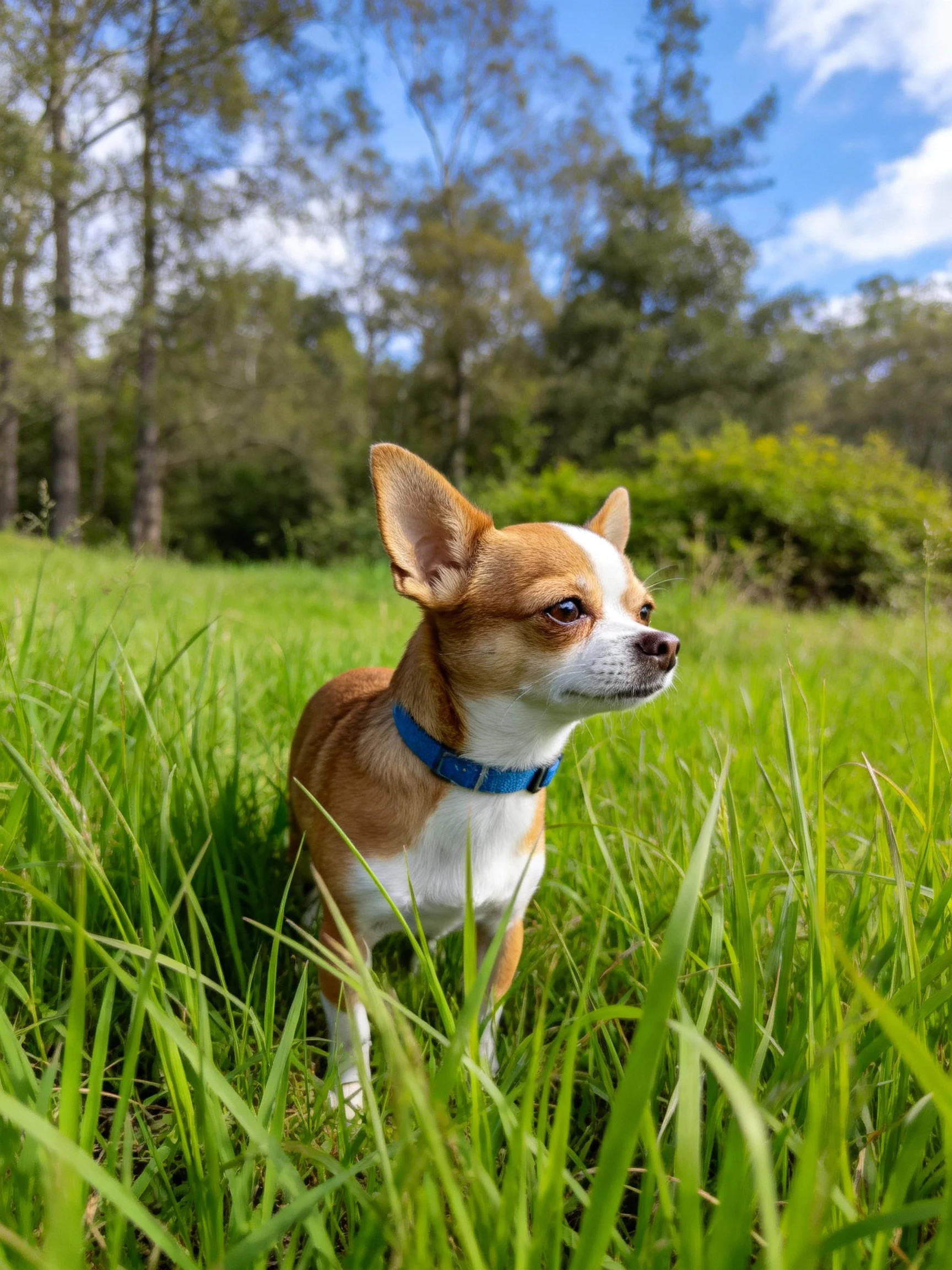 A small dog stands in tall grass with trees and sky.