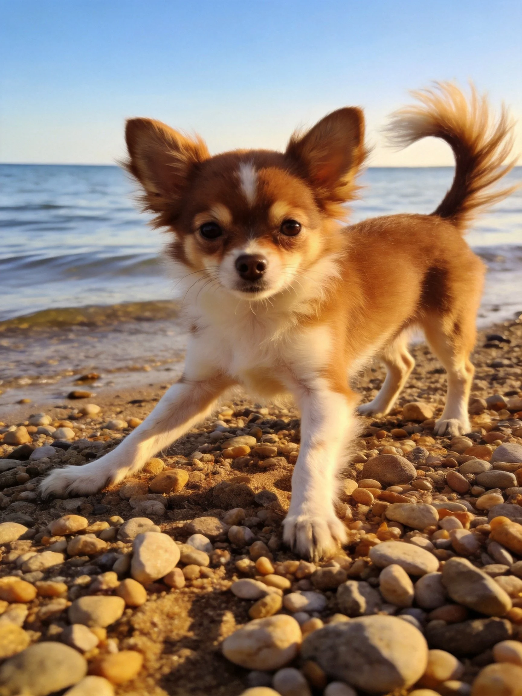 A small tan and white dog stands on pebbles by the water