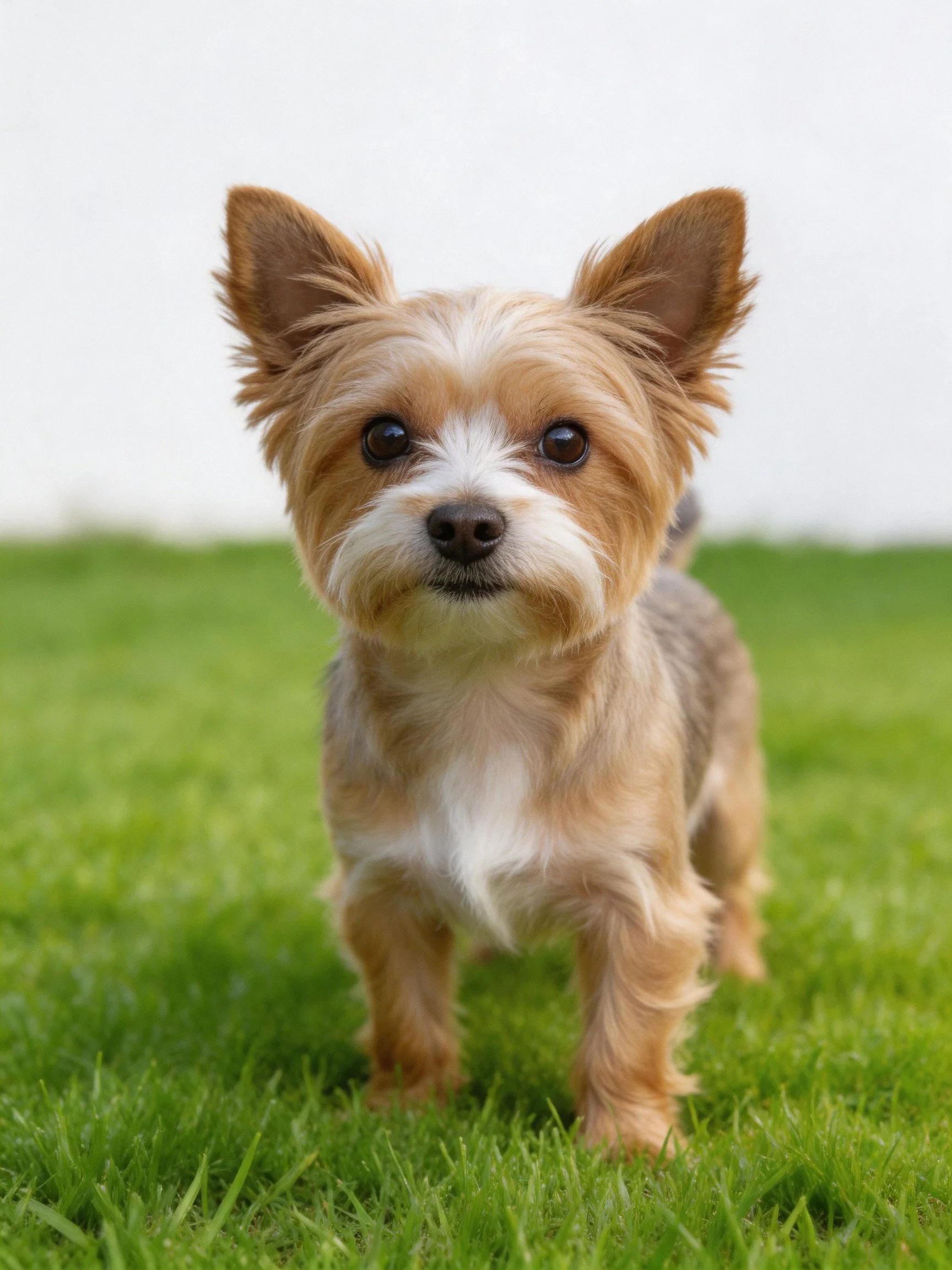 A small tan and white dog stands on lush green grass.