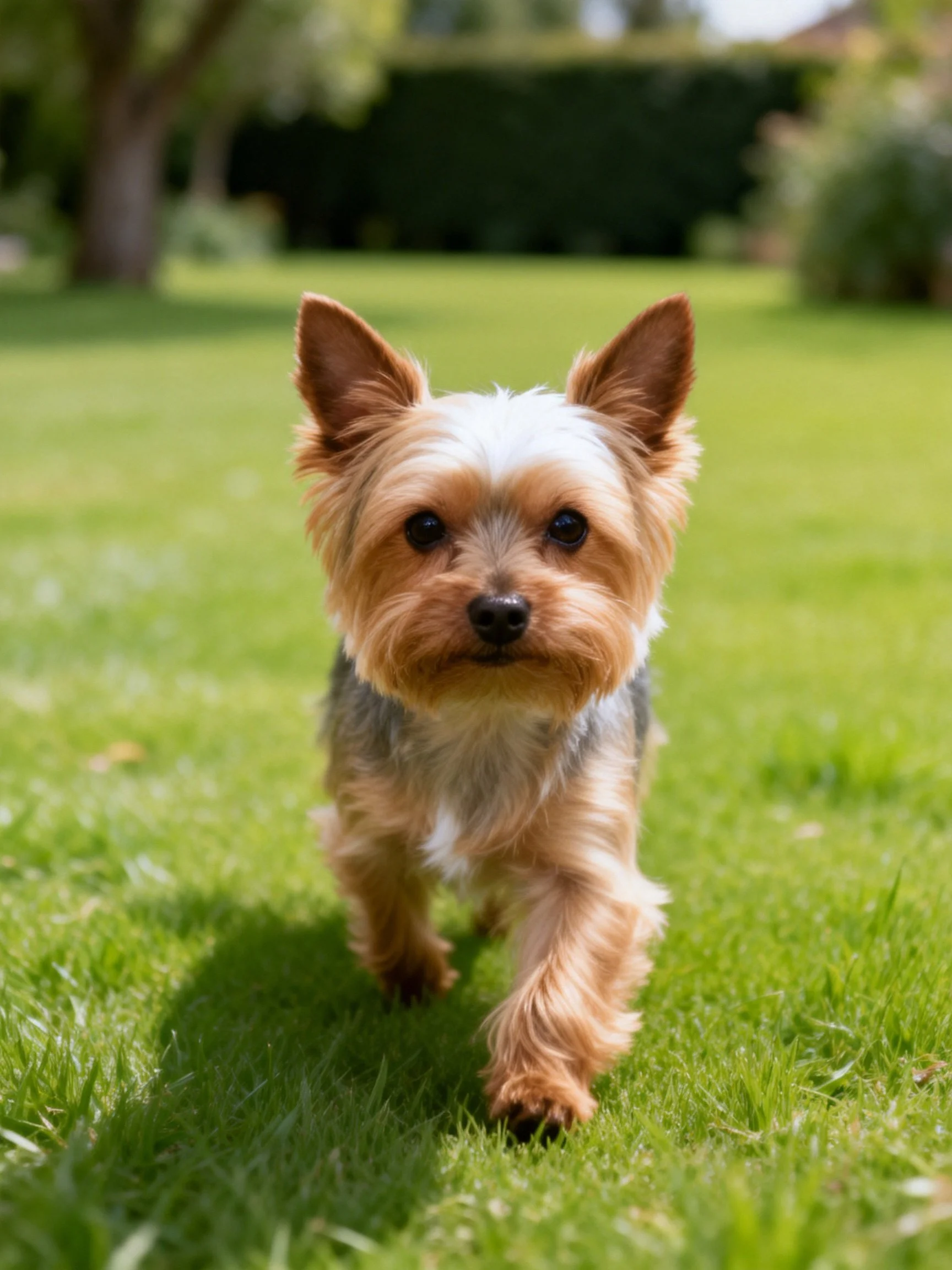 A small tan and white dog approaches the viewer on vibrant green grass.