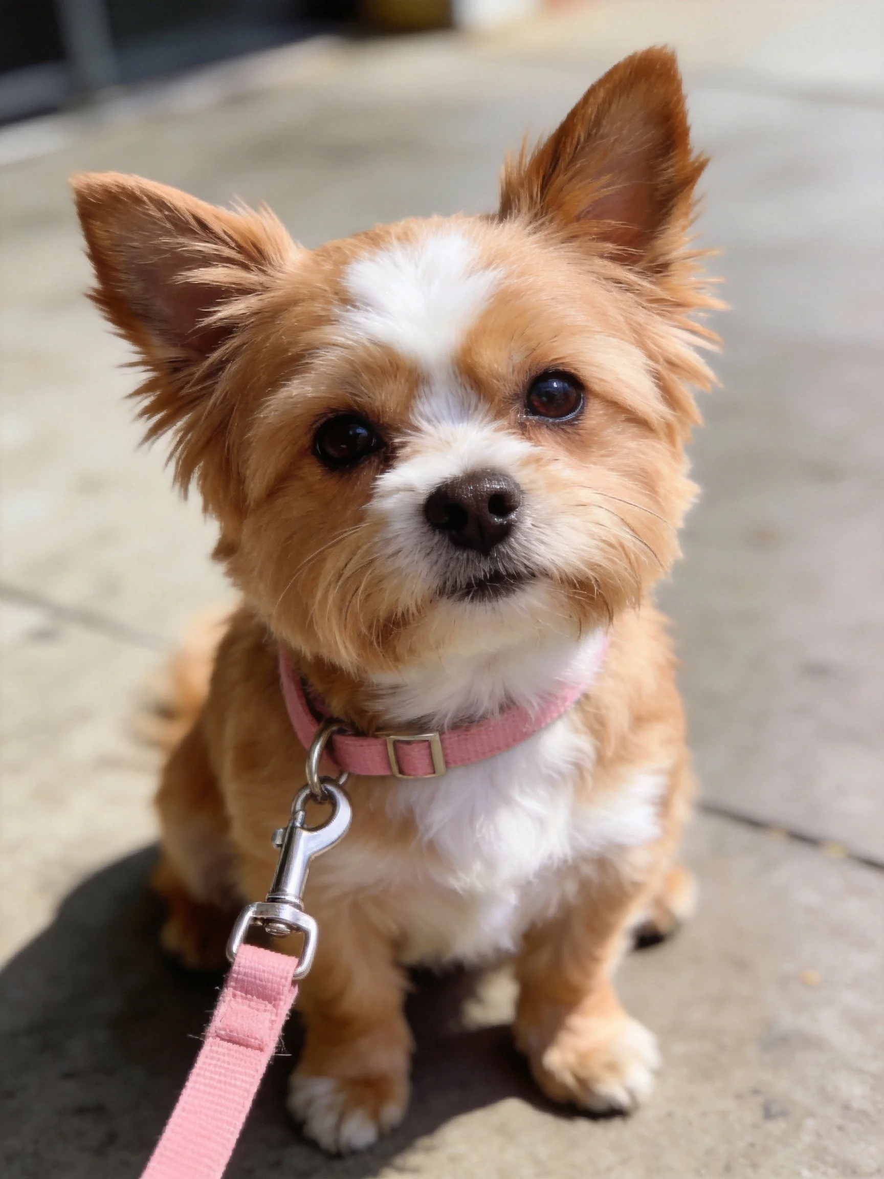 A small tan and white dog sits calmly with a pink collar and leash.