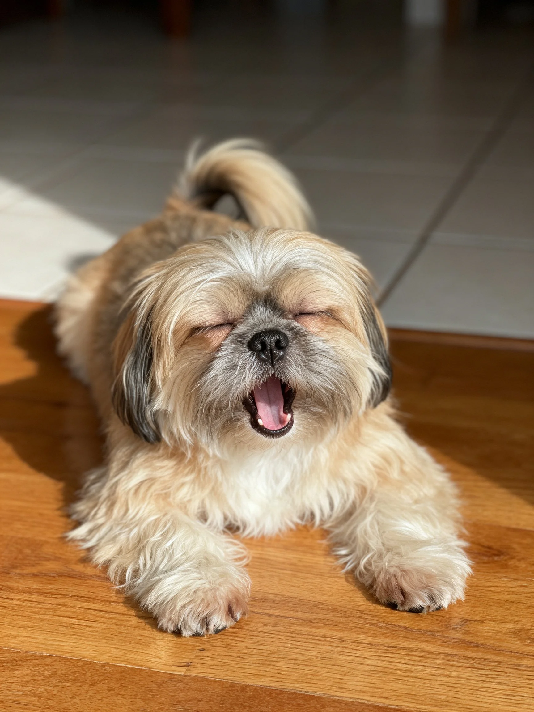 A small tan and white dog yawning on a polished wooden floor