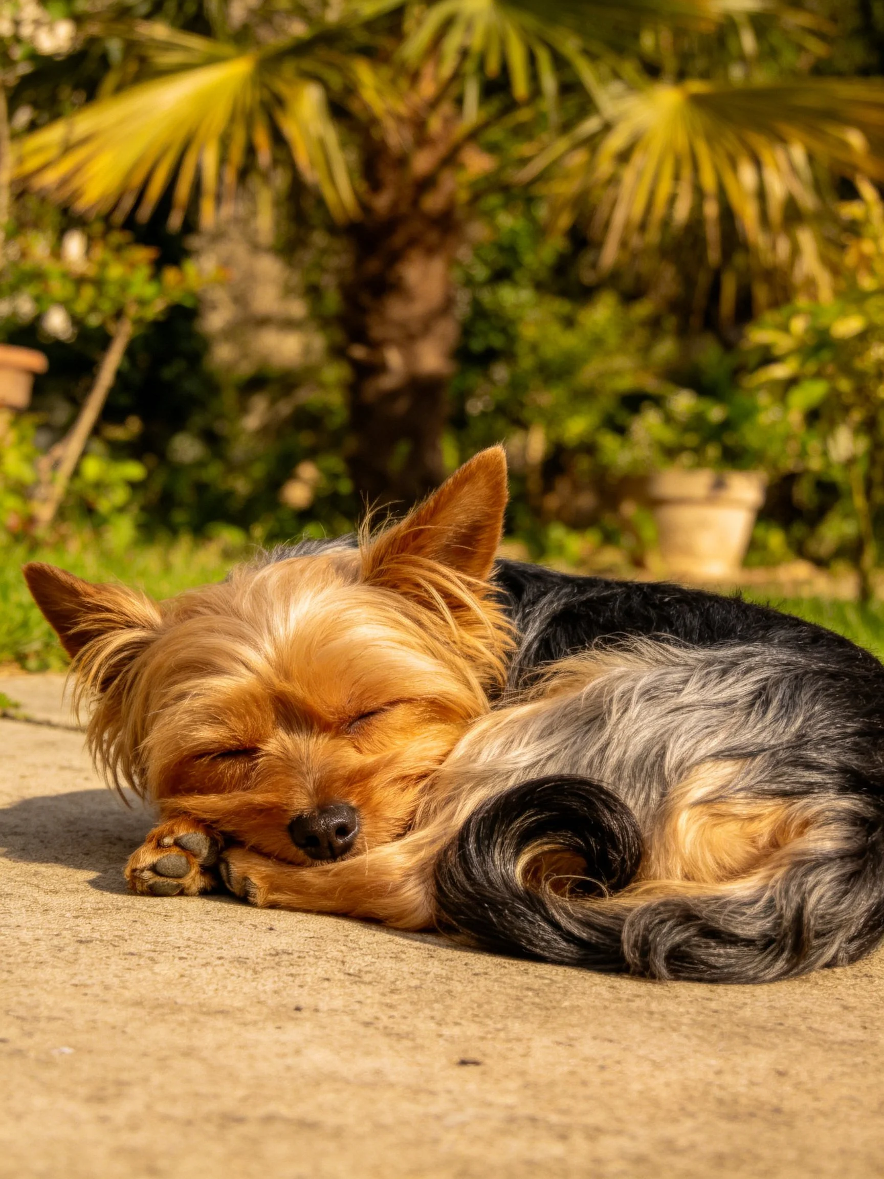 A small dog curls up asleep on pavement near greenery.