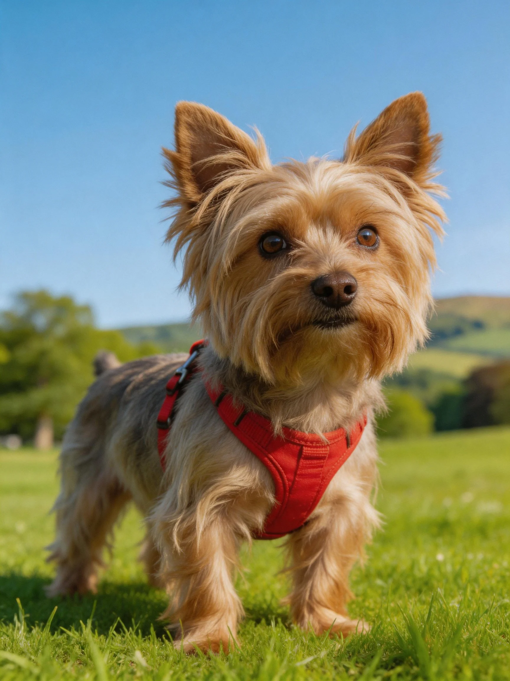 A small tan dog with a red harness stands on grass in a sunny field