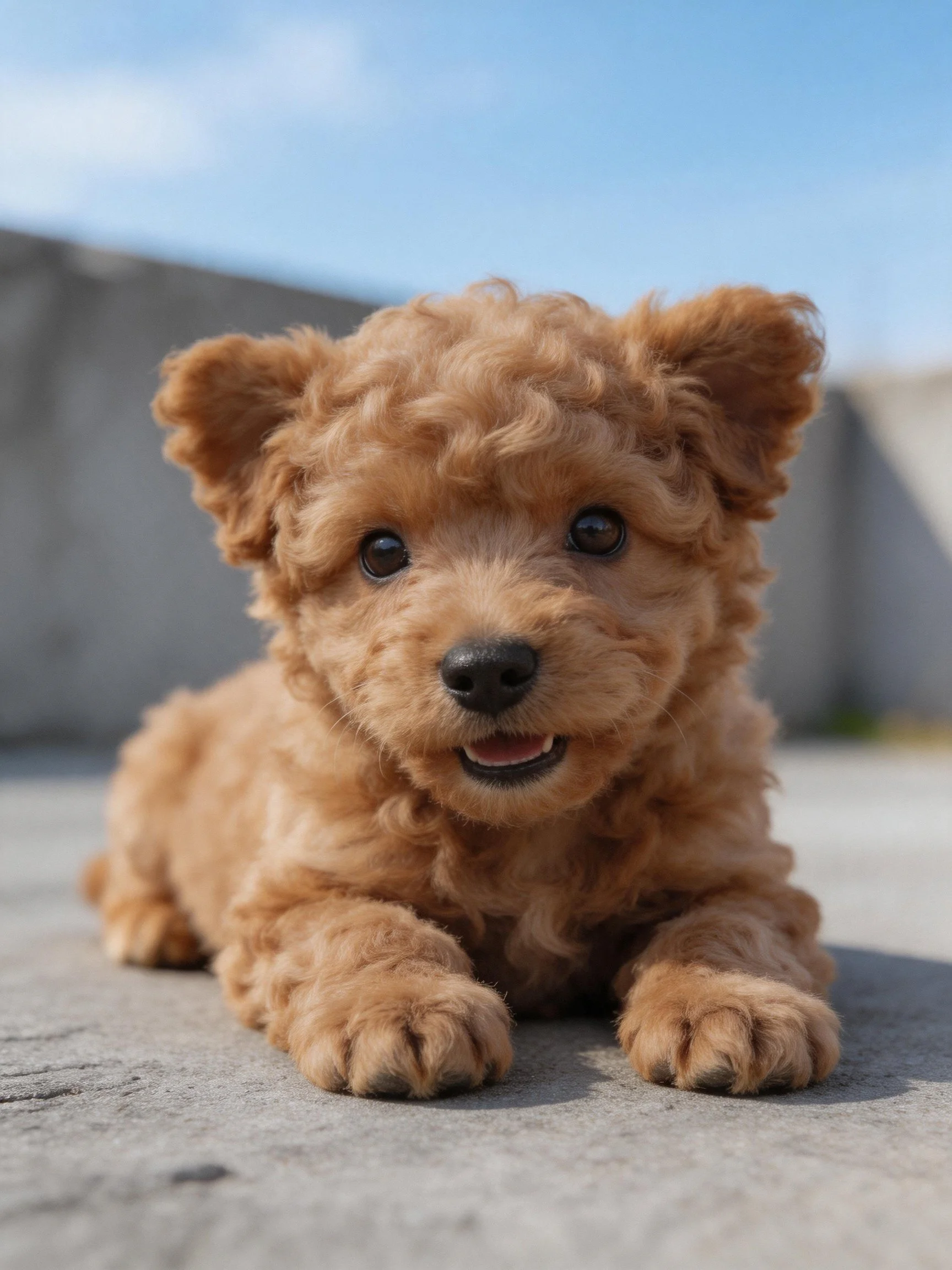 A small tan curly-haired puppy relaxes on a concrete surface outdoors.