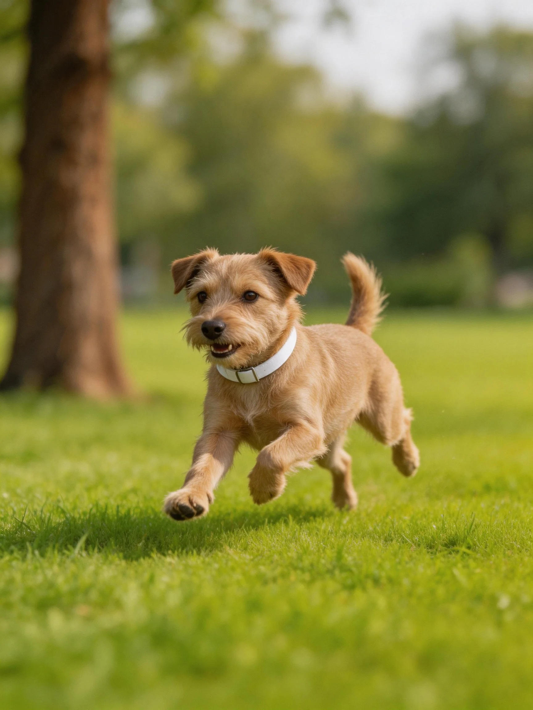 A small tan dog runs joyfully on green grass in a sunny park.
