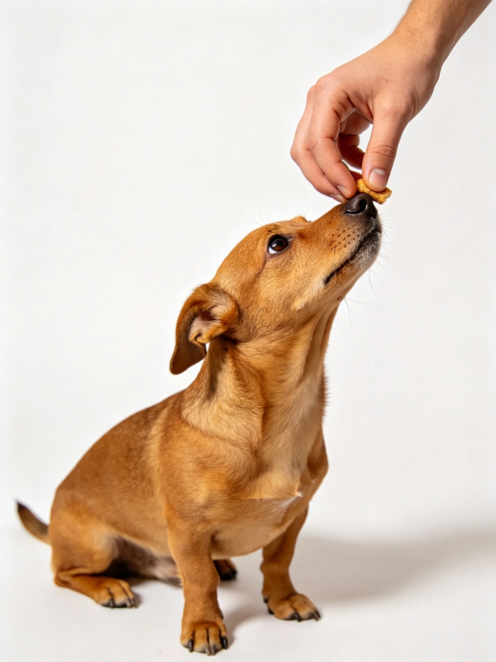 A small tan dog eagerly looks up at a treat from a human hand