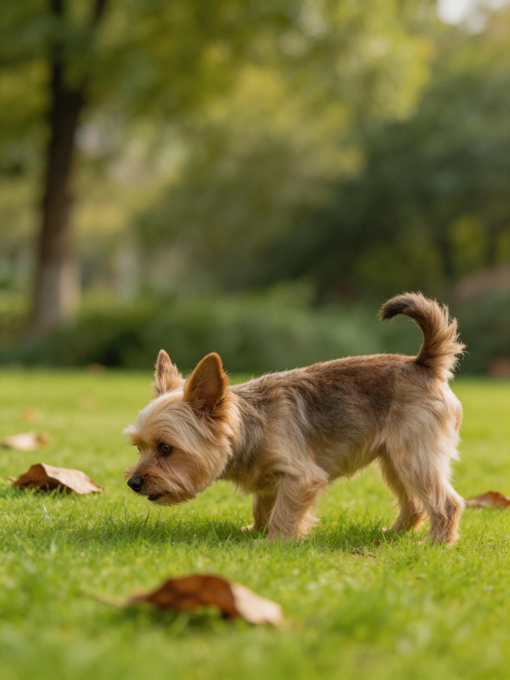 A small tan dog sniffs the grass in a sunlit park with fallen leaves.