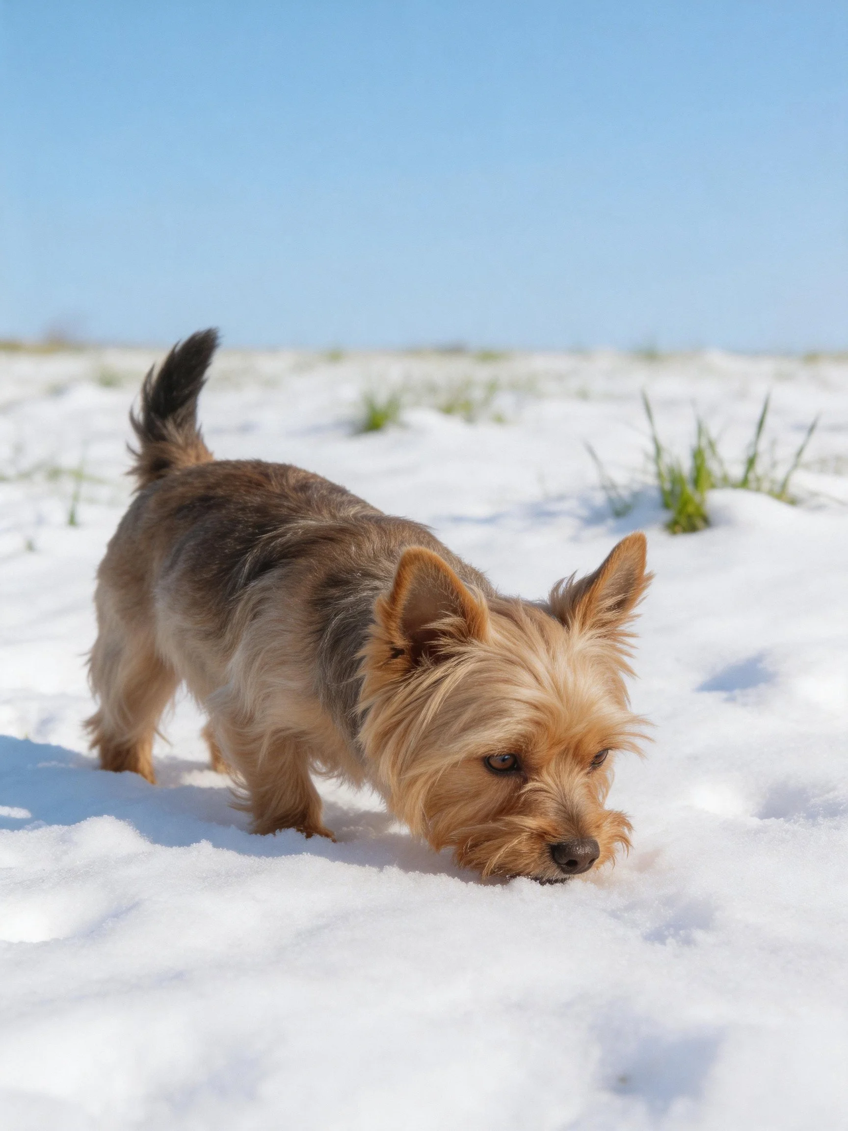 A small tan dog explores a snowy field dotted with green plants.