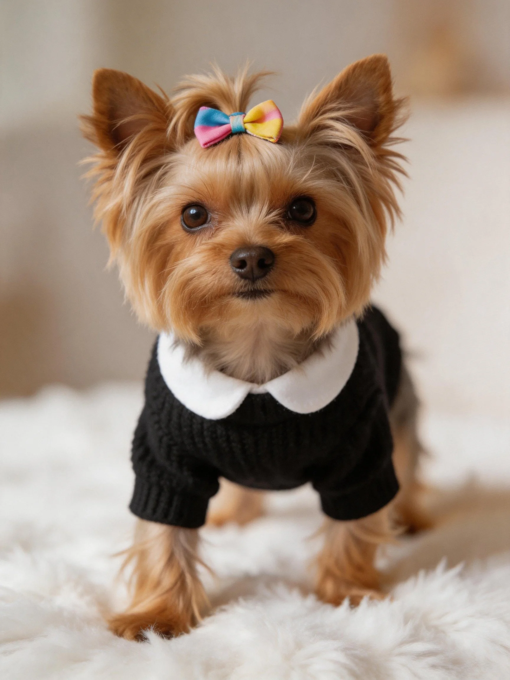 A small tan dog in a black sweater with a white collar and colorful bow