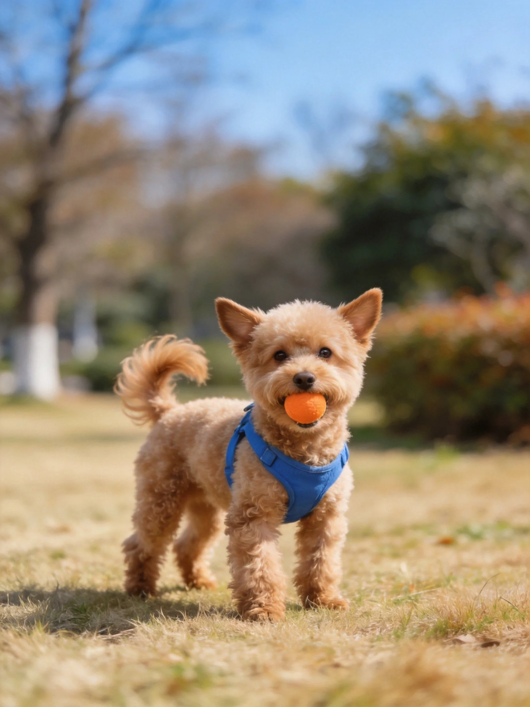 A small tan dog in a blue harness plays with an orange ball in a sunny park.