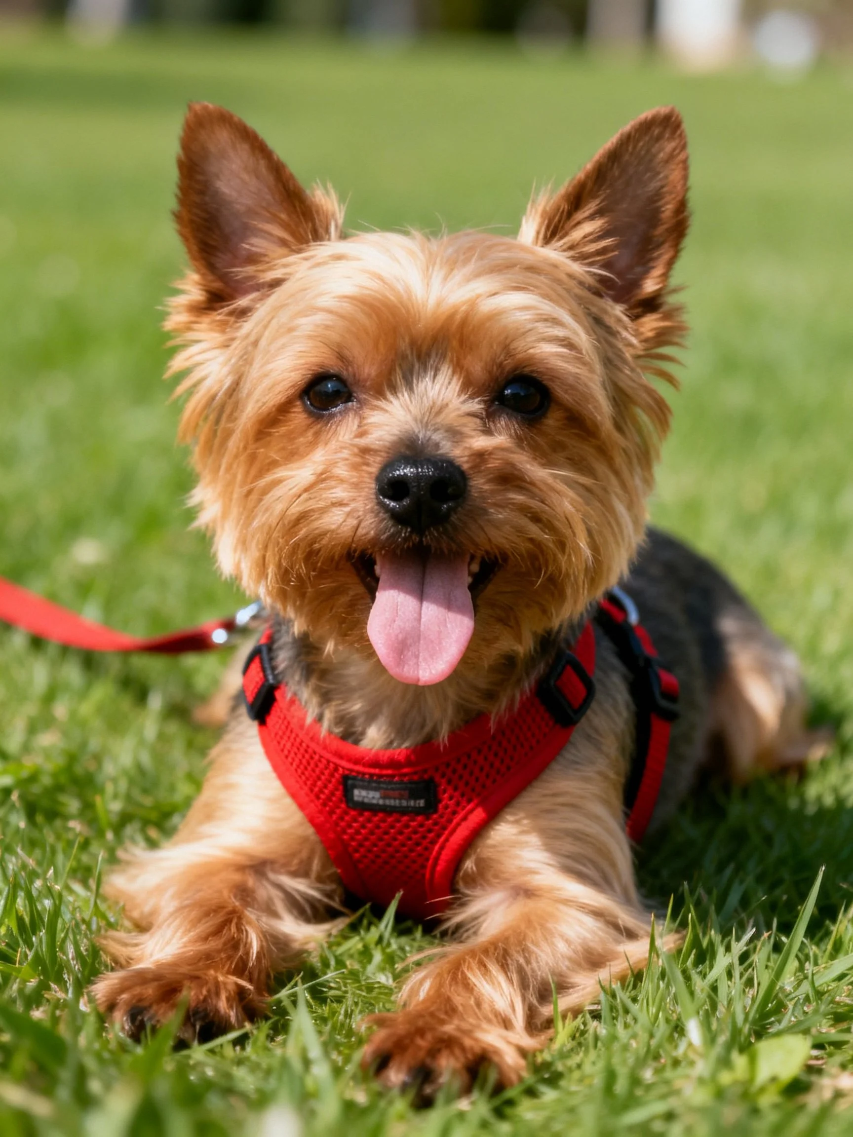 A small dog in a red harness relaxes on green grass outside.