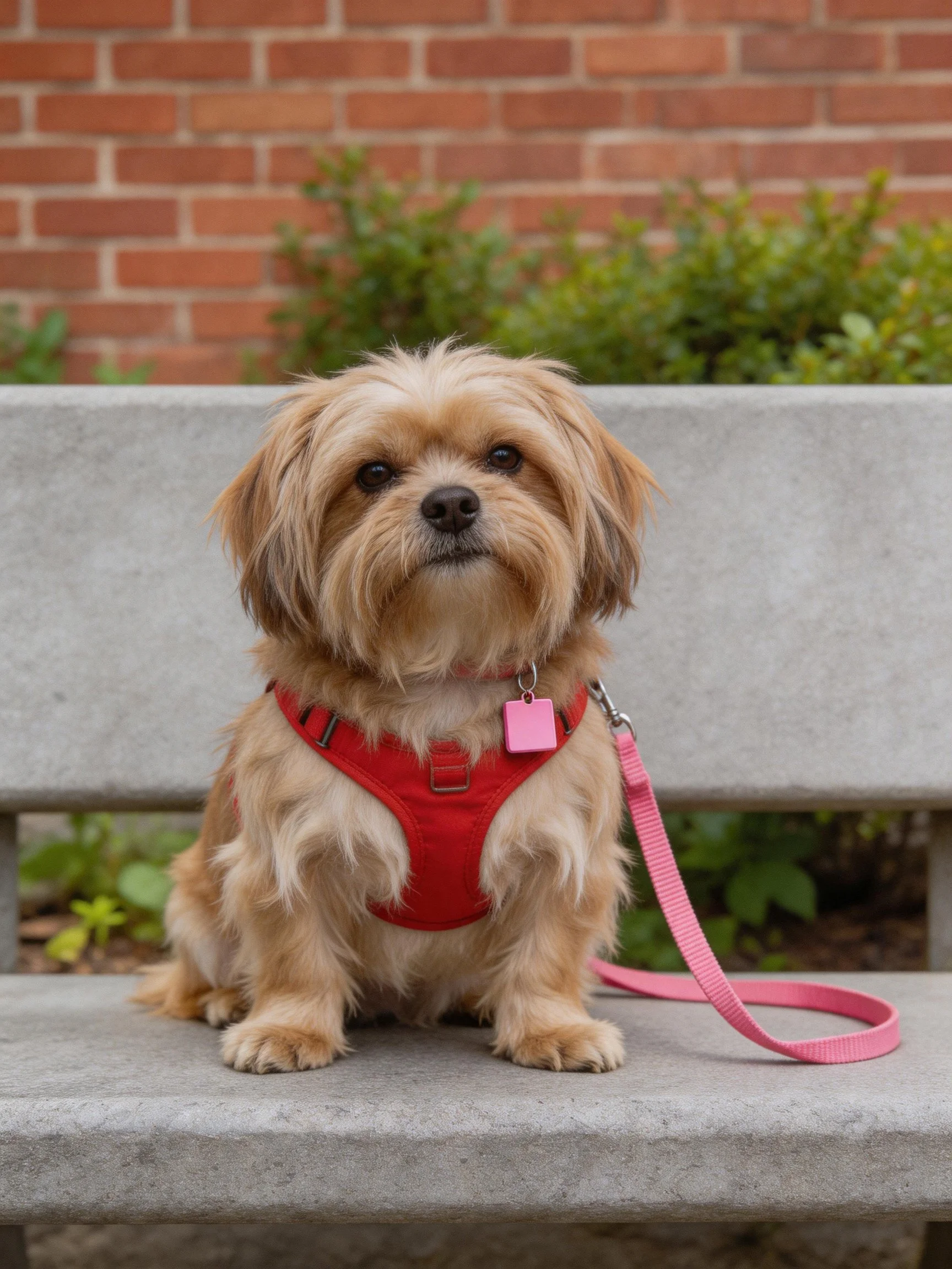 A small tan dog in a red harness sits calmly on a gray concrete bench outdoors.