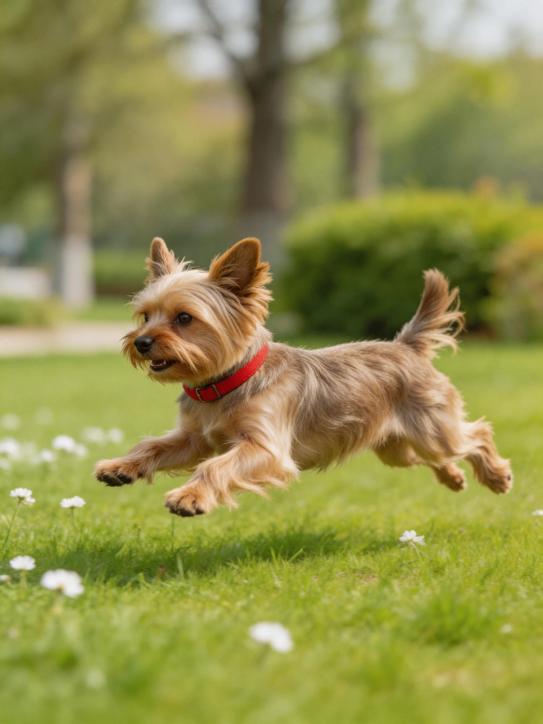 A small tan dog runs joyfully across a grassy field dotted with white flowers.