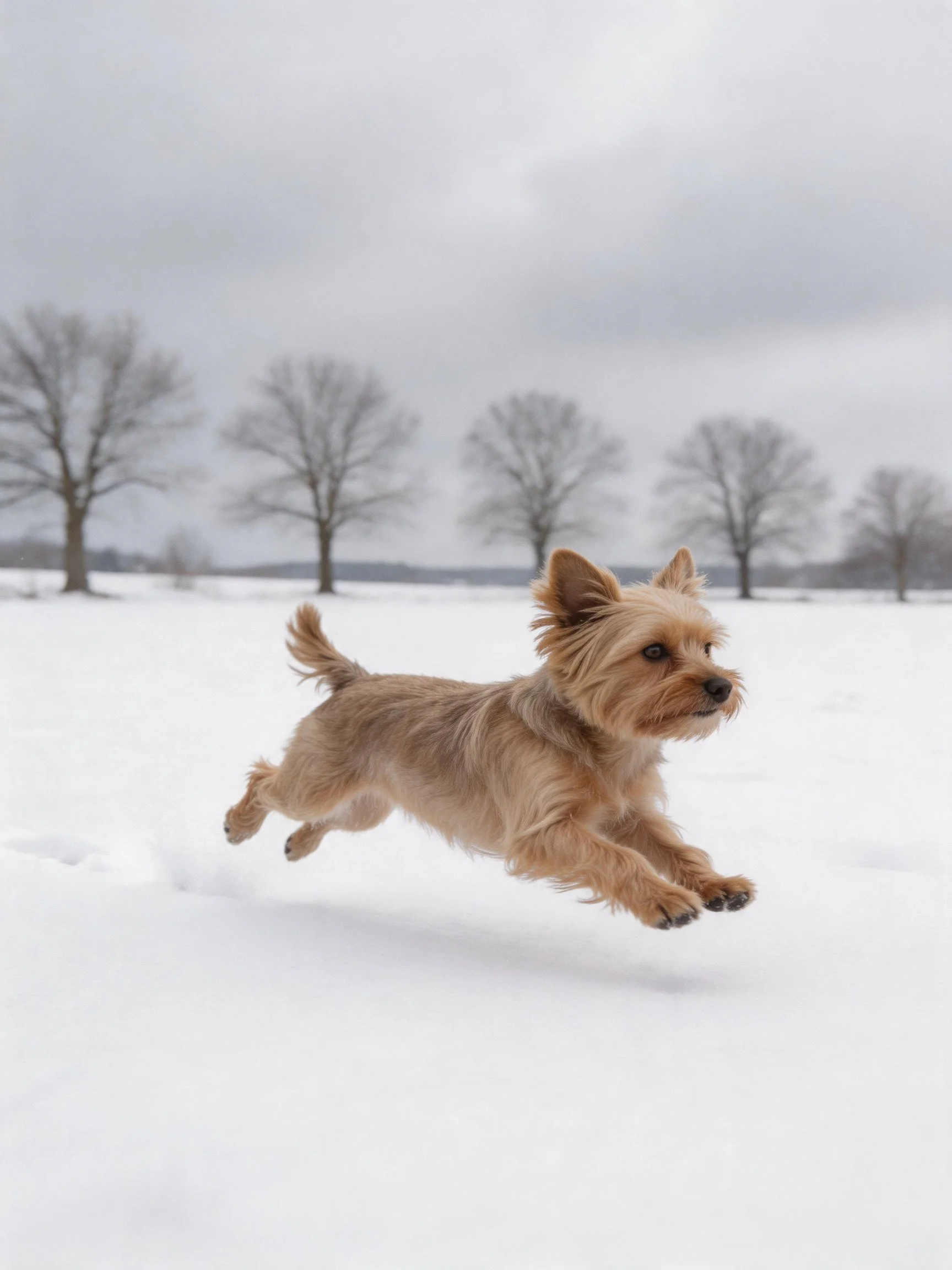 A small tan dog runs energetically across a snow-covered landscape with bare trees.