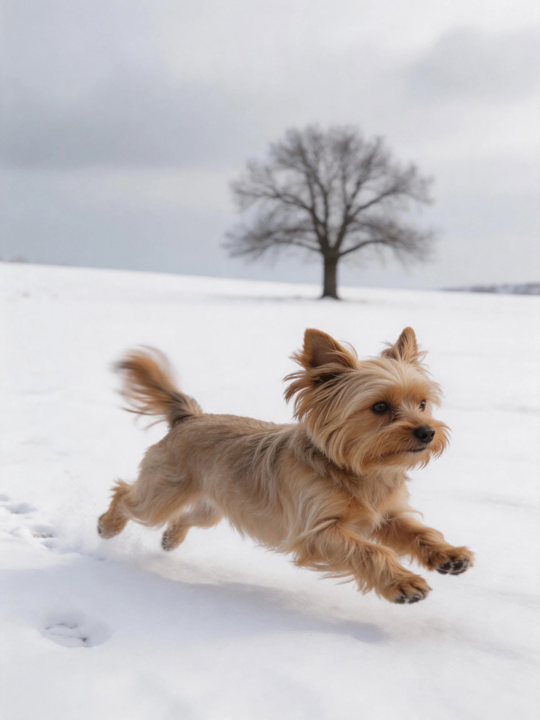A small tan dog runs energetically through snowy terrain near a lone tree.