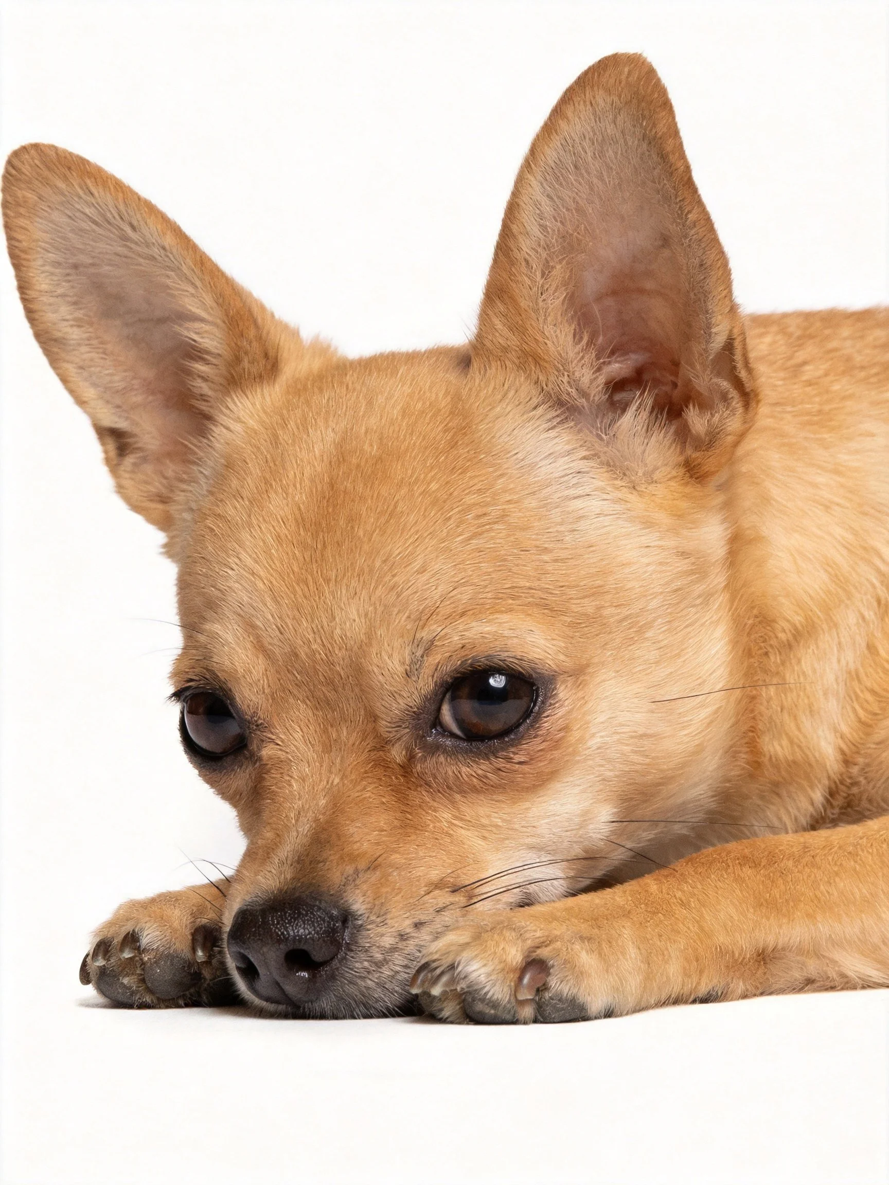 A small tan dog rests its head on its paws against a white background.