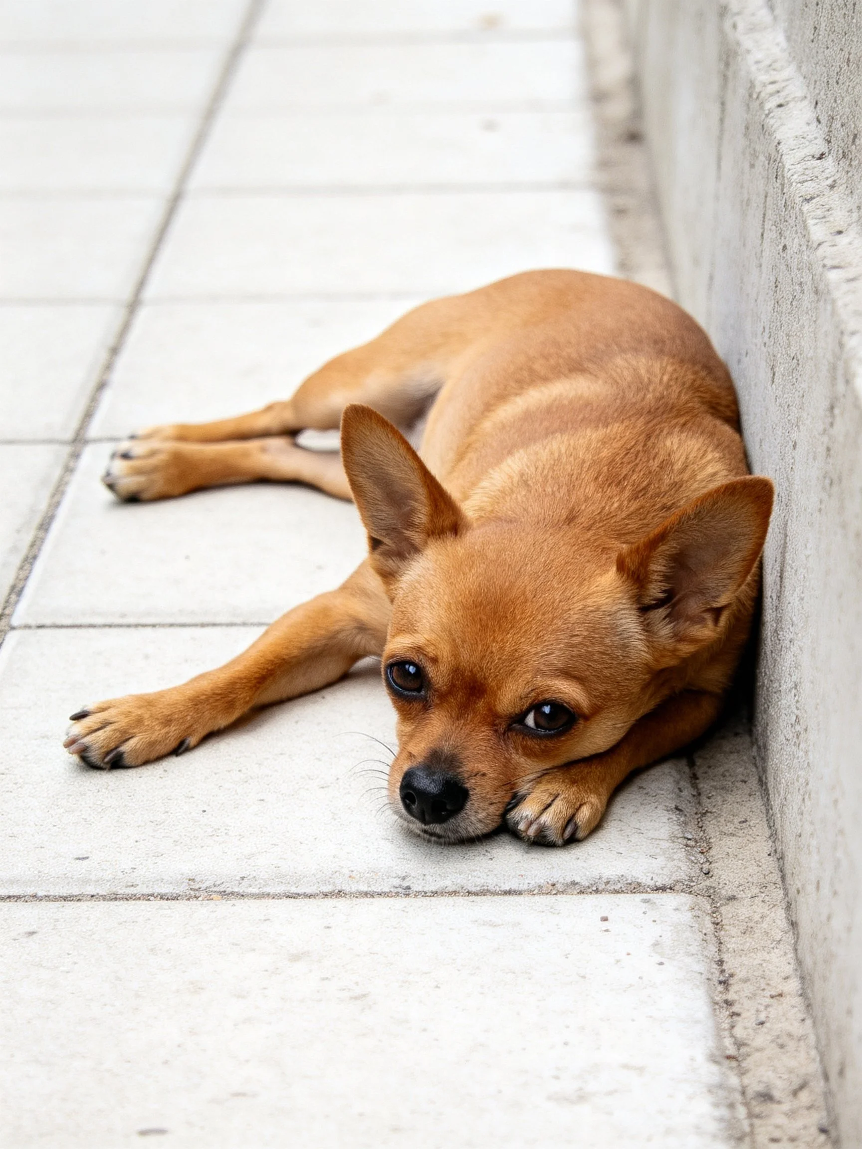 A small tan dog lies near a concrete wall on tiled pavement.