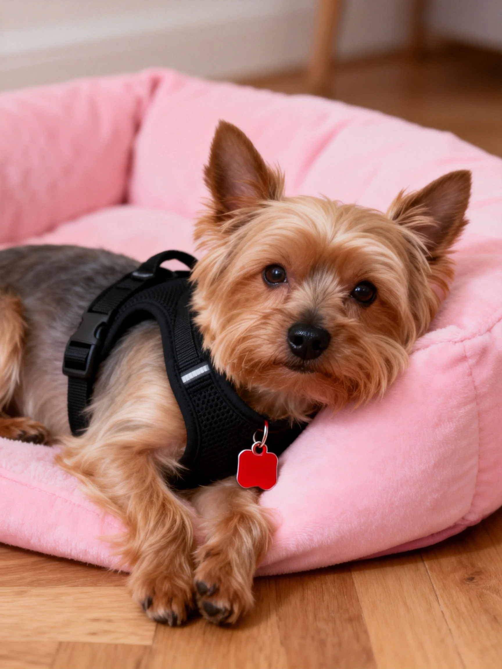 A small tan dog rests in a pink pet bed with a black harness