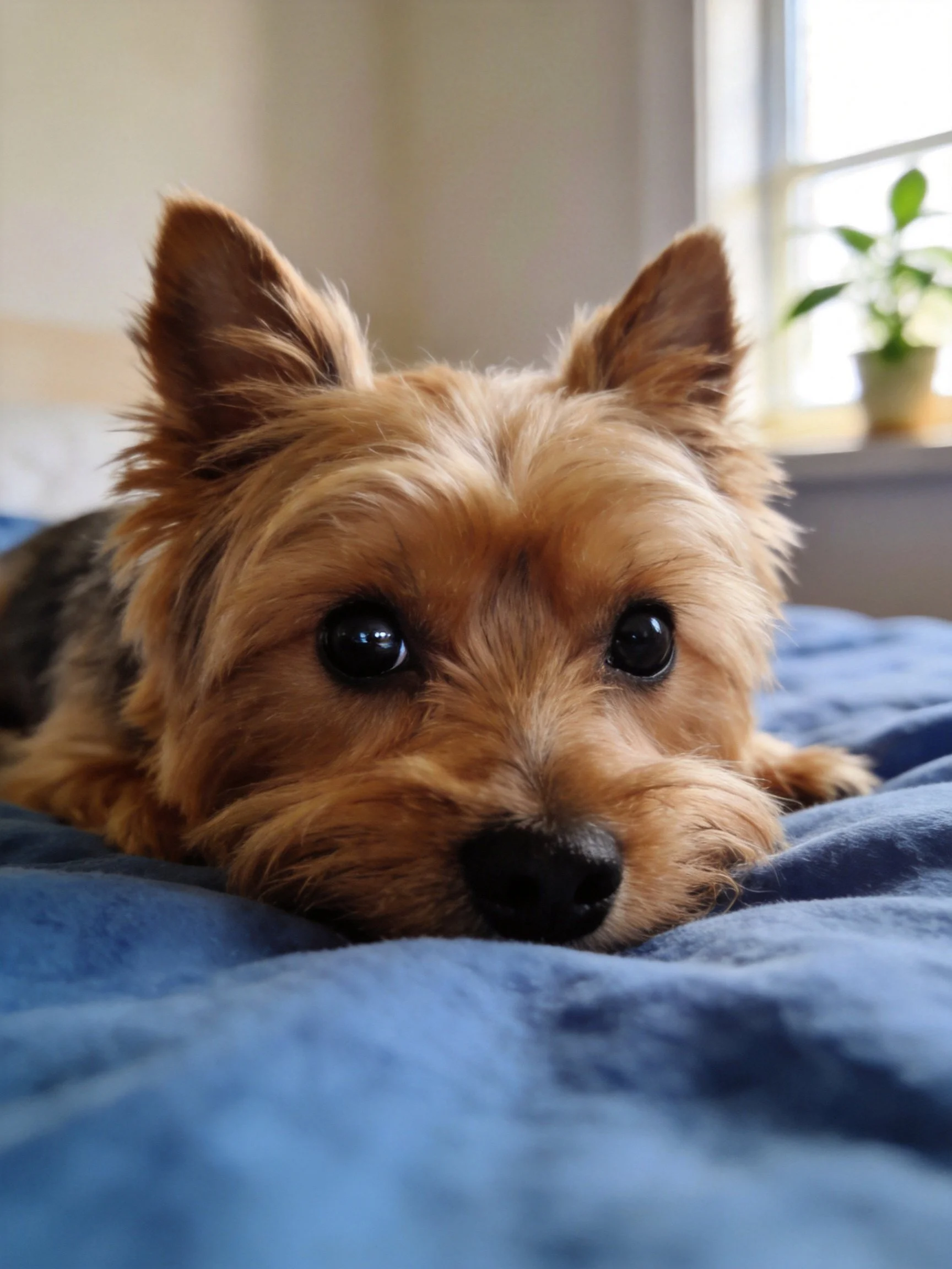 A small tan dog relaxes on a blue bed in a sunlit room with a window and plant.