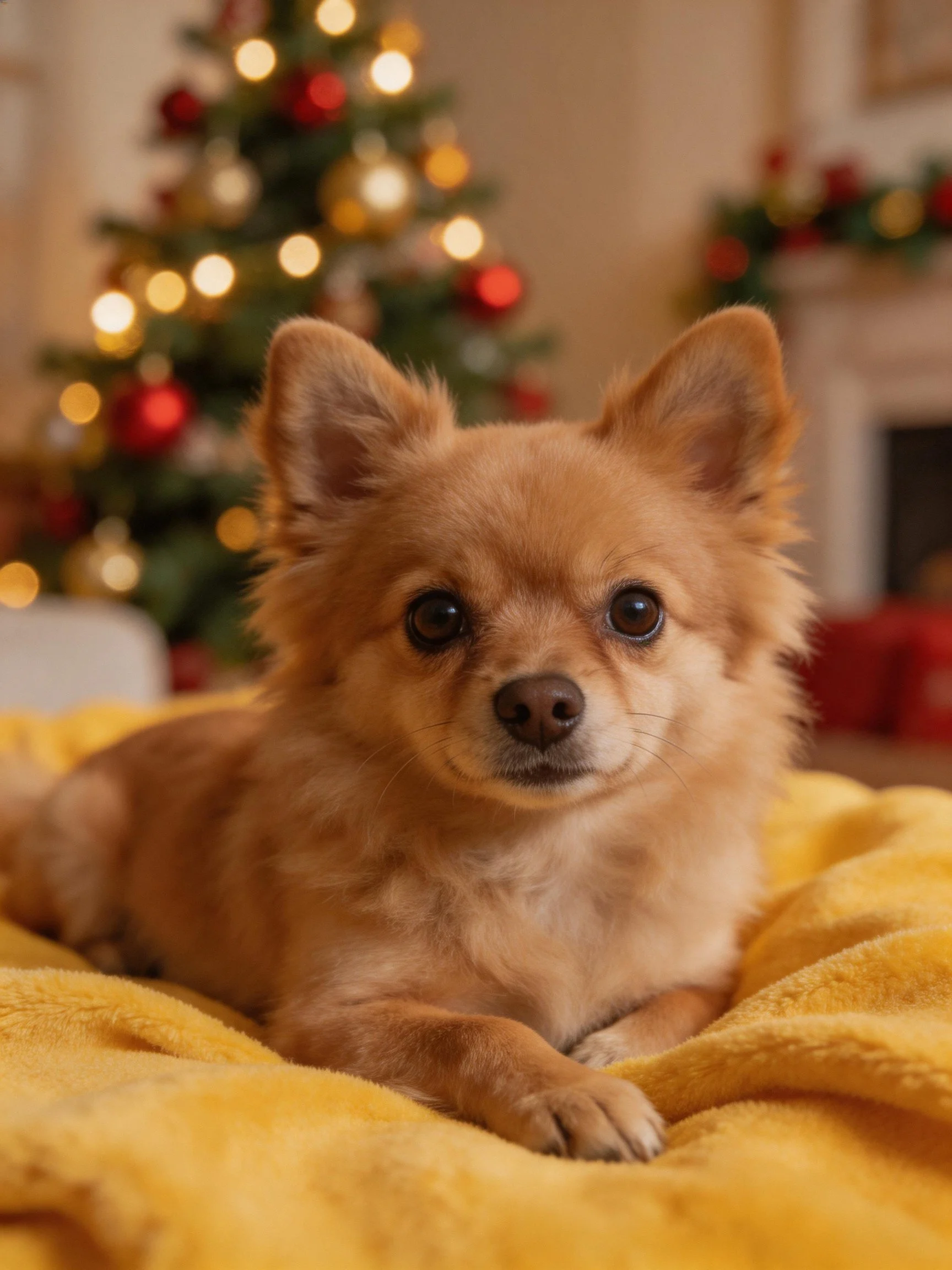A small tan dog relaxes on a yellow blanket beside a lit Christmas tree.
