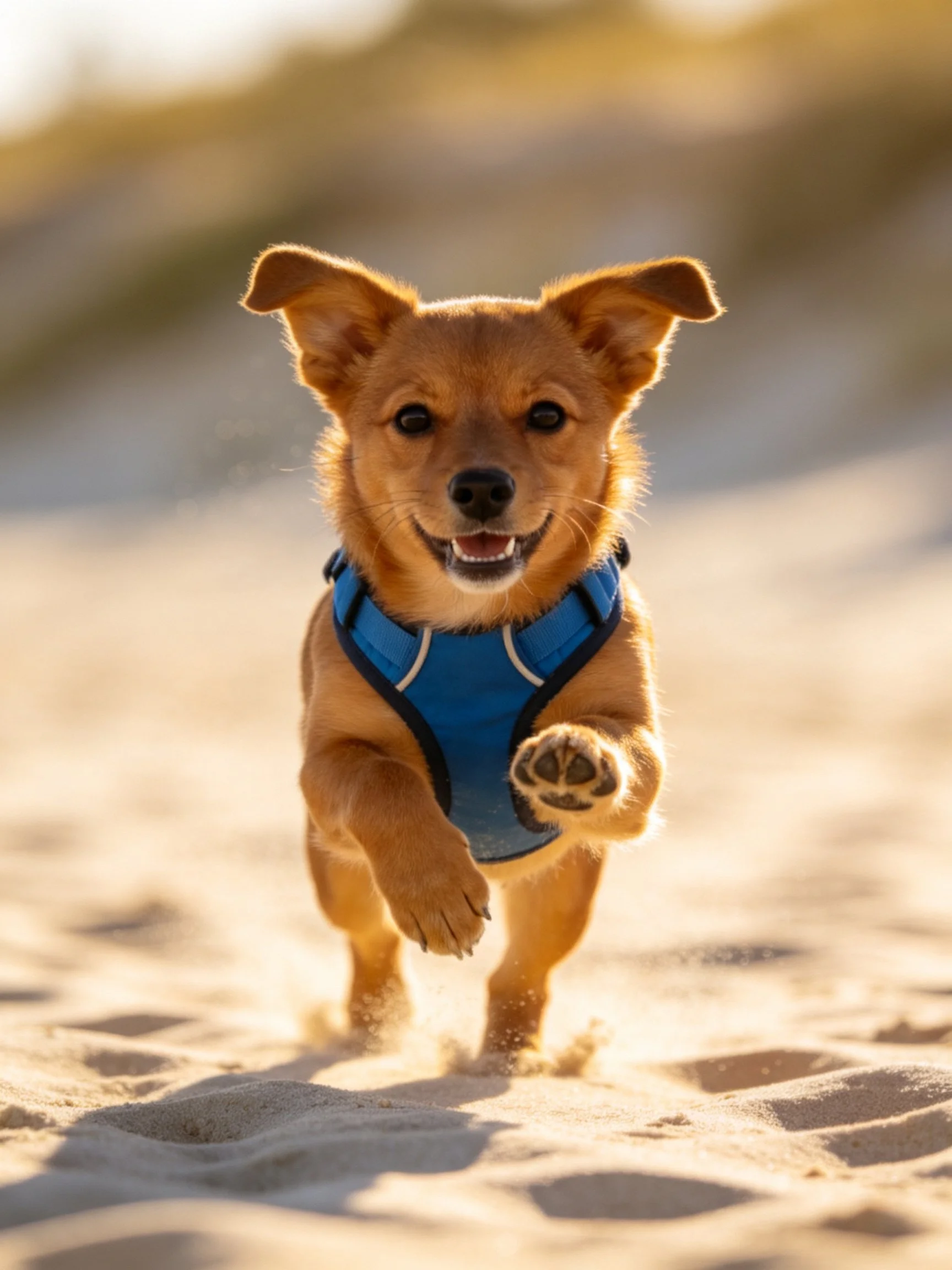 A small tan dog dashes through golden sand while wearing a blue harness.