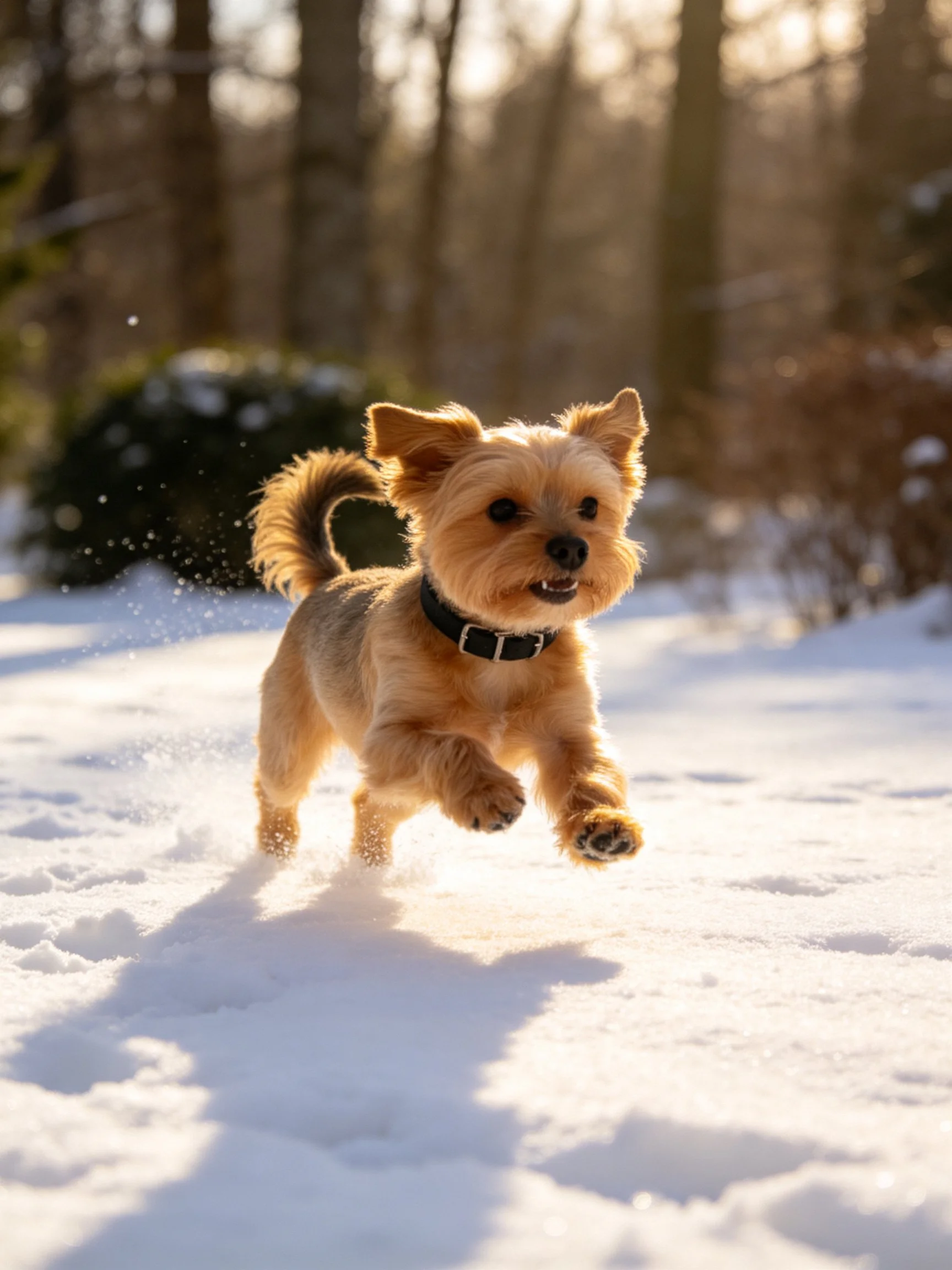 A small tan dog runs joyfully through snow in a wooded winter scene.