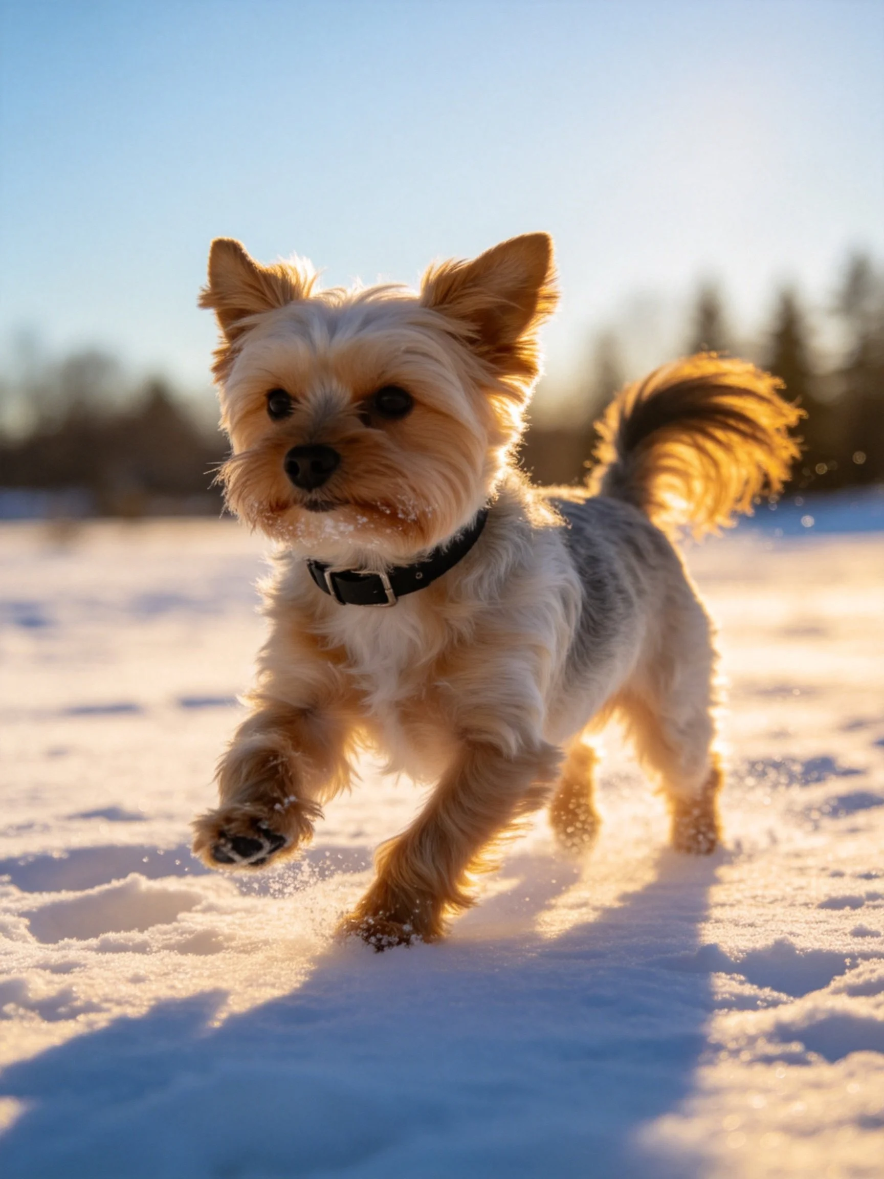 A small tan dog runs through snowy terrain under bright sunlight