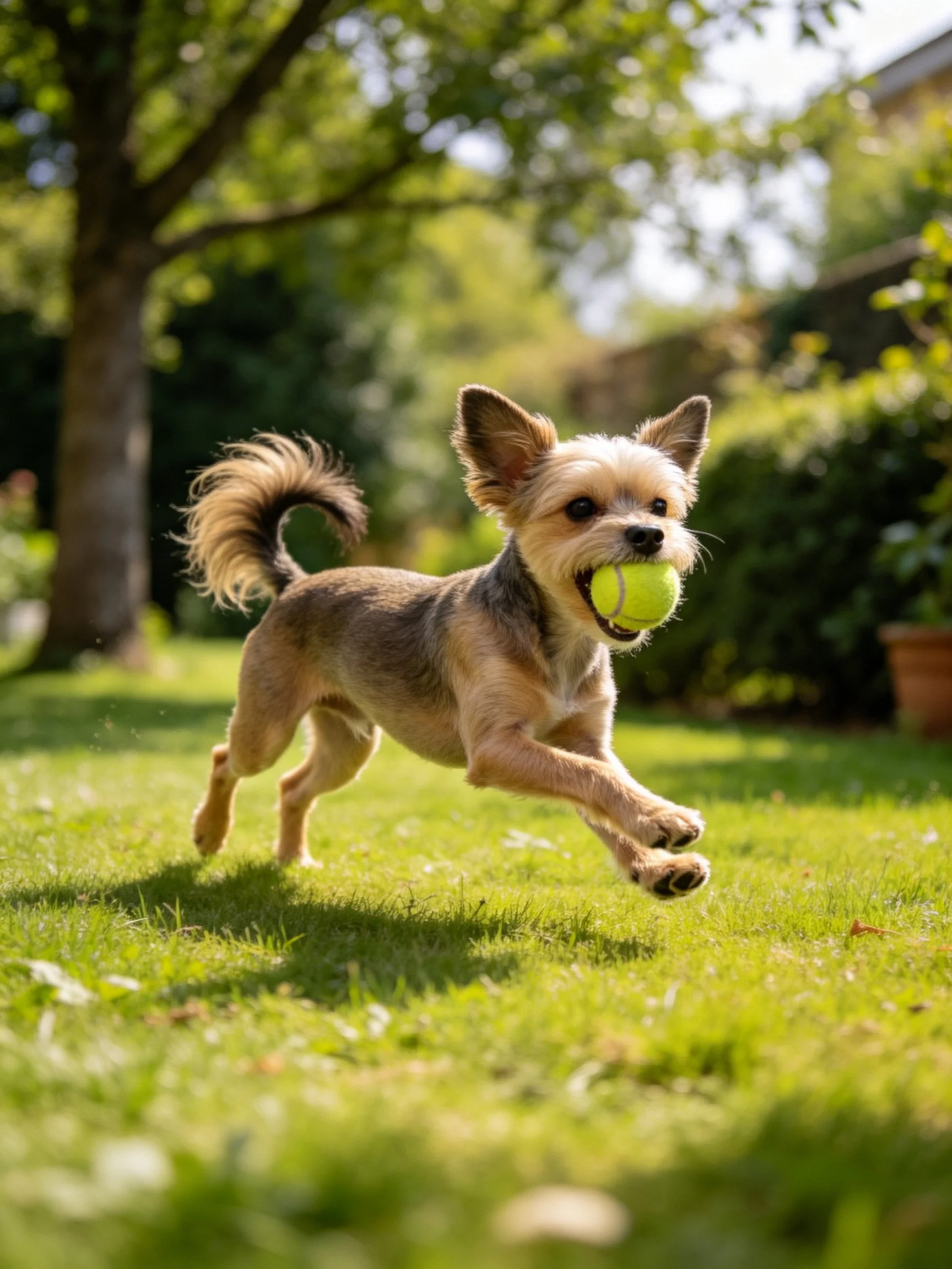 A small dog carries a tennis ball while running in a sunlit yard.