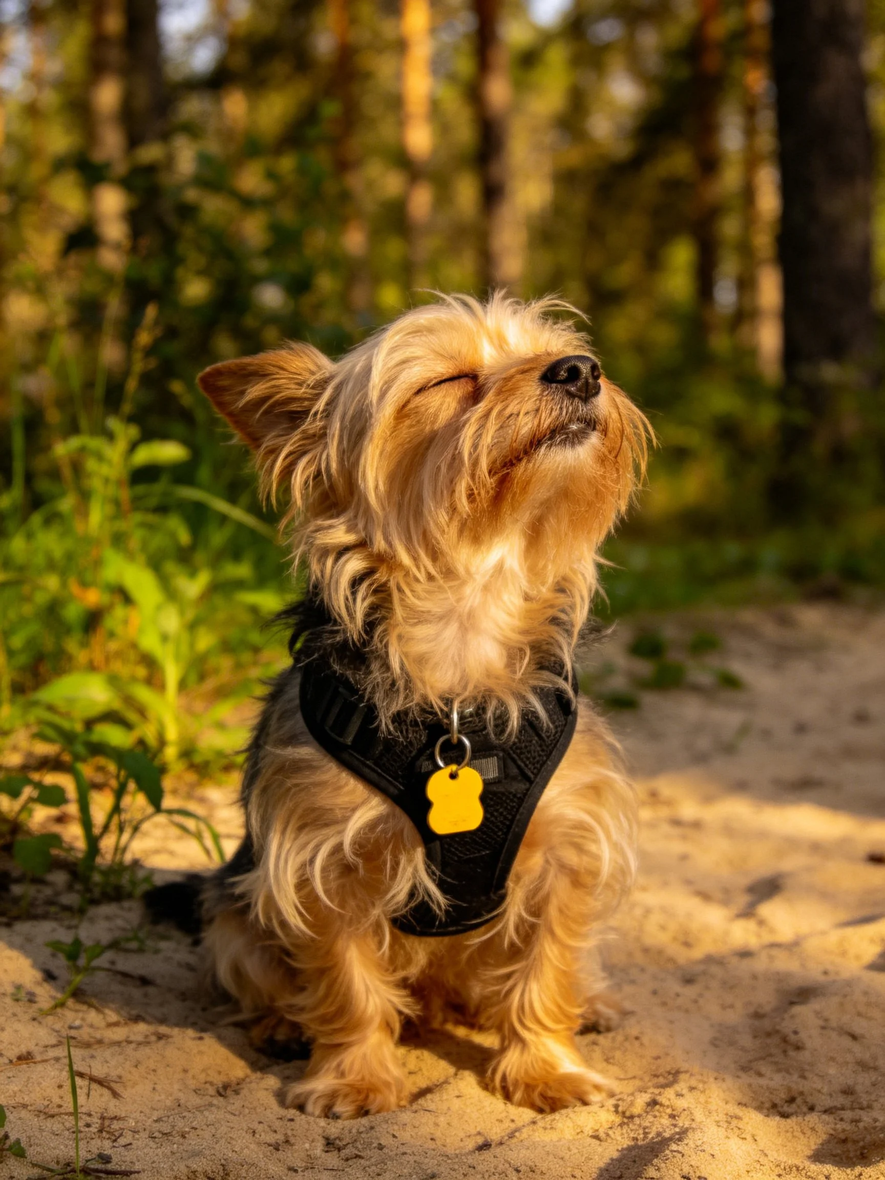 A small tan dog relaxes in a sunlit forest clearing while wearing a black harness