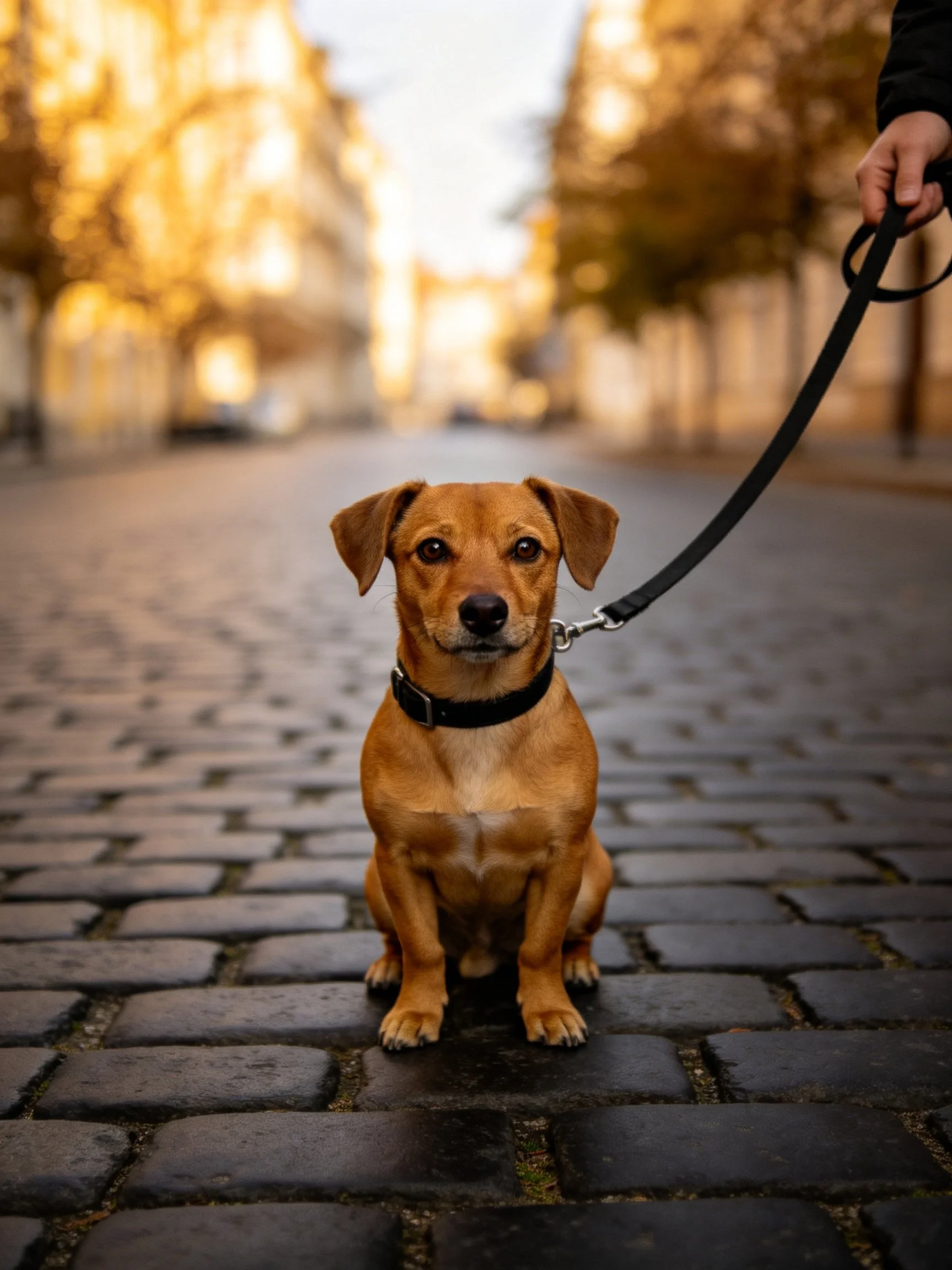 A tan dog sits calmly on a cobblestone street connected to a leash