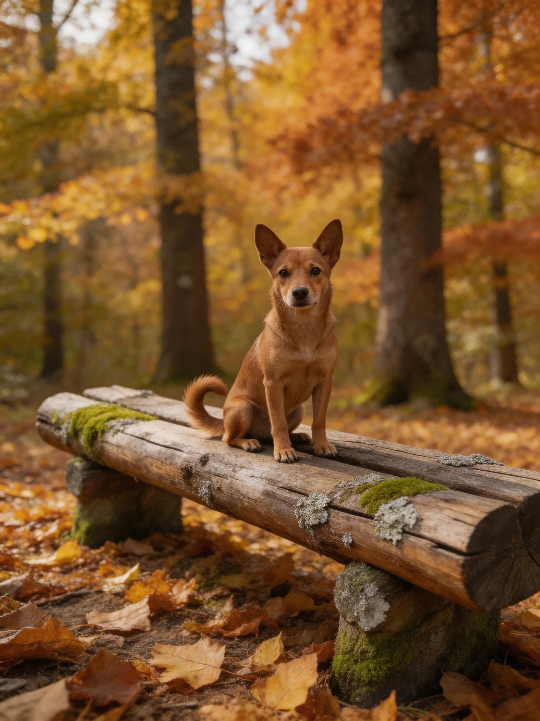 A small tan dog sits on a weathered log bench in a forest with autumn foliage