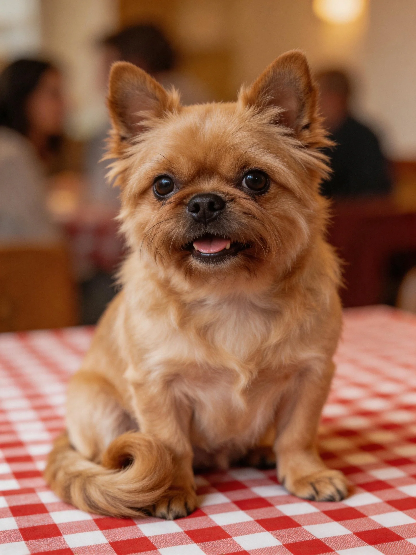 A small tan dog sits contentedly on a checkered surface indoors.