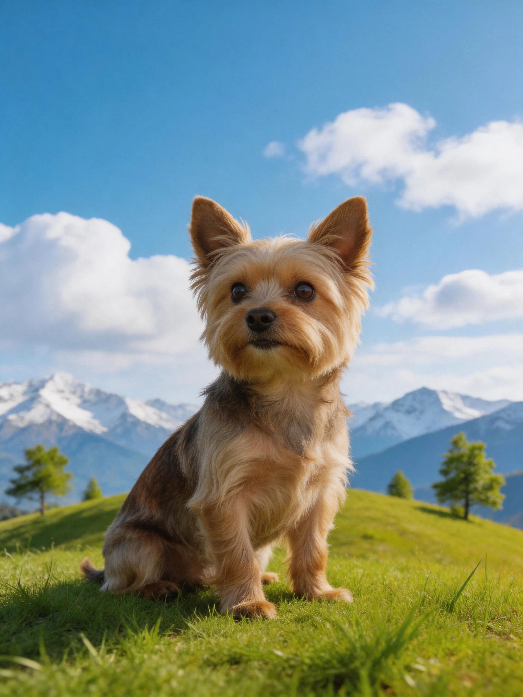 A small tan dog sits on green grass with mountainous backdrop.